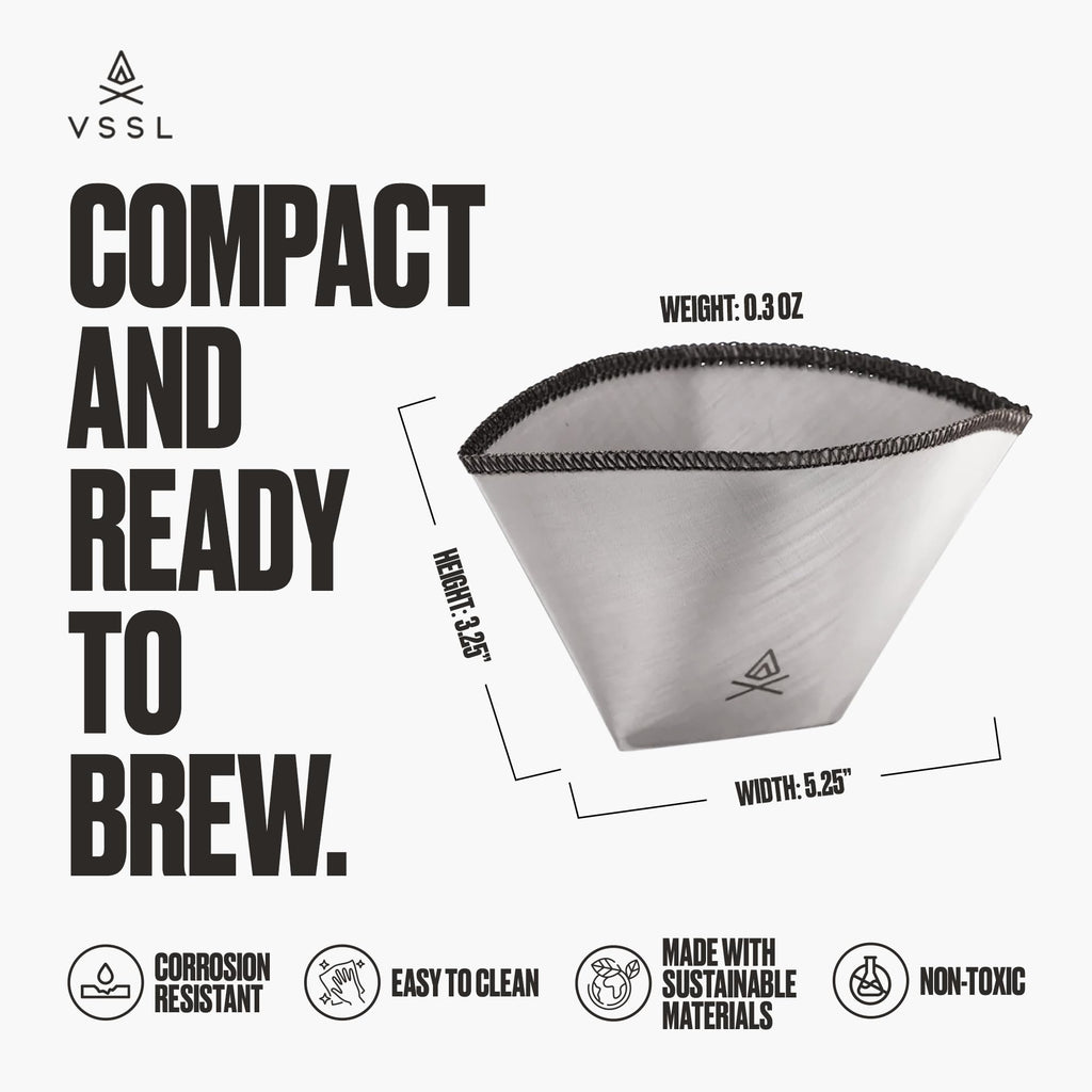 VSSL Nest Reusable #1 Stainless Steel Mesh Coffee Filter, Transportable and Compact, Perfect for Camping, Hiking, Adventure, Travel, Eco Friendly, Compatible with Any Cone Pour Over System, Pack of 3