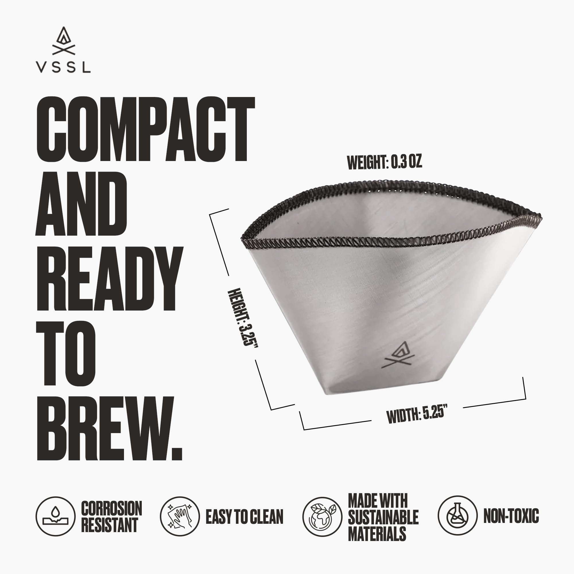 VSSL Nest Reusable #1 Stainless Steel Mesh Coffee Filter, Transportable and Compact, Perfect for Camping, Hiking, Adventure, Travel, Eco Friendly, Compatible with Any Cone Pour Over System, Pack of 3