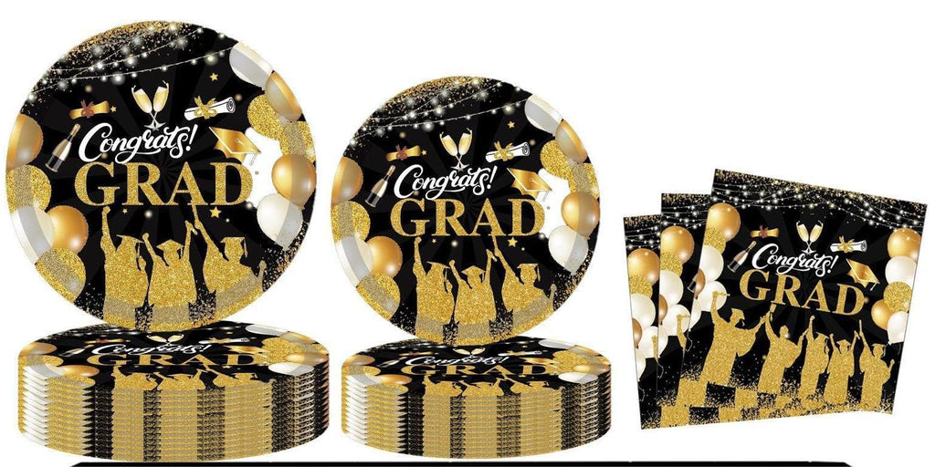 QYCX 72 Pcs Graduation Tableware Graduation Party Decorations Graduation Plates Napkins Cups Congratulation Grad Dinnerware Graduation Decor for 2024 Graduation Party Decorations Black Gold