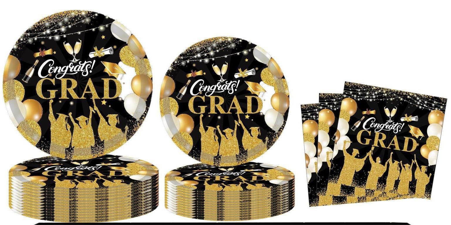 QYCX 72 Pcs Graduation Tableware Graduation Party Decorations Graduation Plates Napkins Cups Congratulation Grad Dinnerware Graduation Decor for 2024 Graduation Party Decorations Black Gold