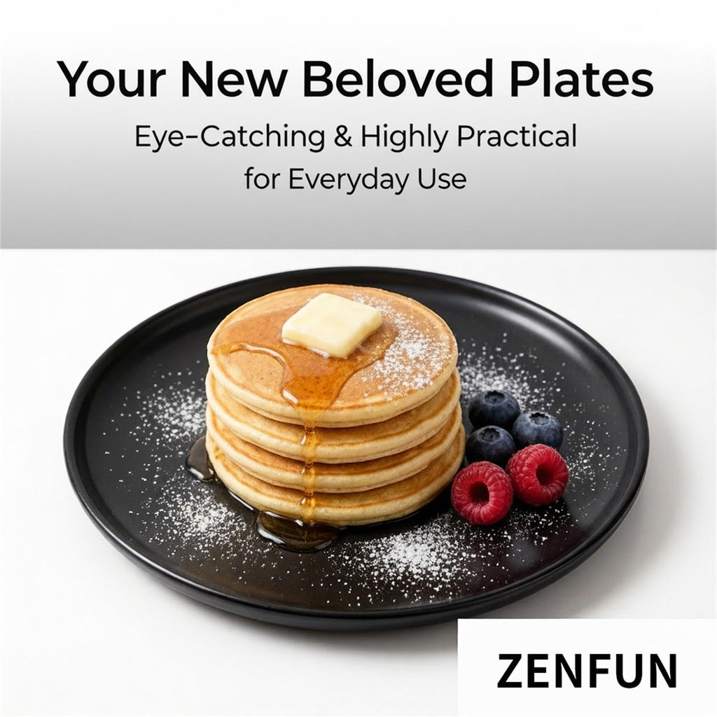 ZENFUN Set of 4 Porcelain Dinner Plates, 10 Inch Matte Ceramic Dish Steak Plates, Elegant Large Round Serving Plates for Salad, Pasta, Pizza, Dishwasher & Microwave Safe, Black