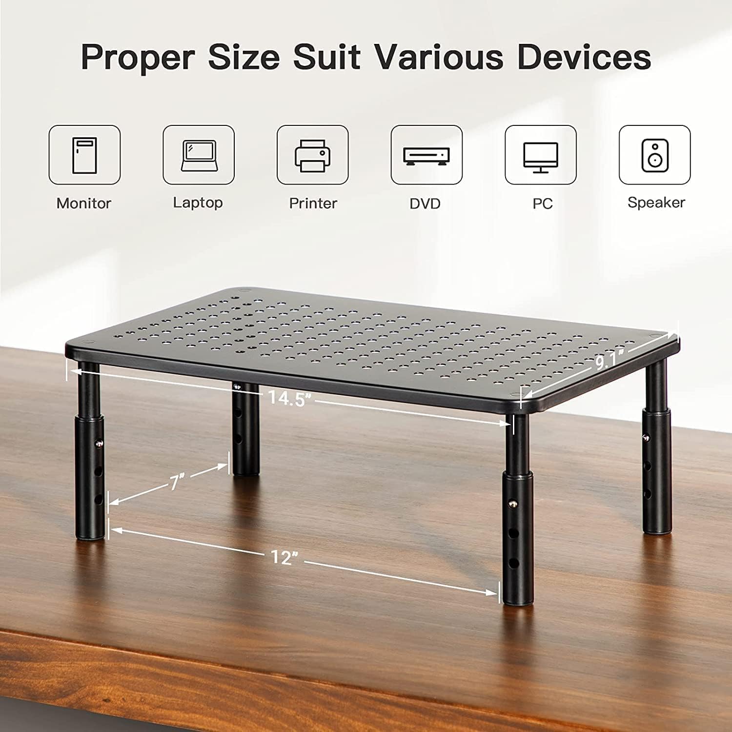 HUANUO Monitor Stand Riser, 3 Height Adjustable Laptop PC Monitor Stand for Computer, Monitor Riser, Laptop Stand Riser for Desk with Non-Skid Rubber and Mesh Platform for Airflow - HNLL3 (Black)