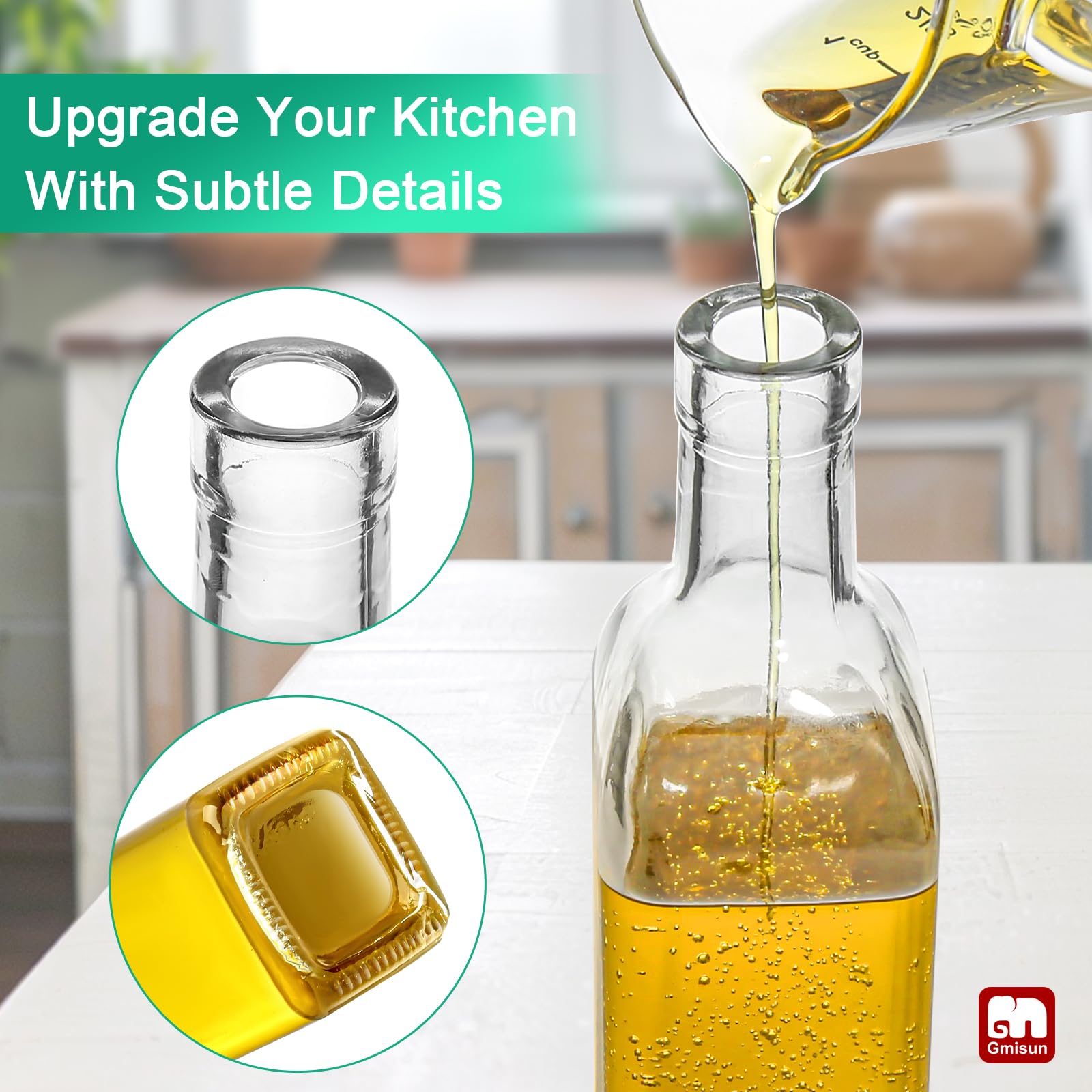 GMISUN Olive Oil Dispenser Bottle, Oil Dispenser Bottle for Kitchen, Cooking Oil and Vinegar Dispenser Set 4 Pack, Glass Oil Container Cruet-Oil Pourer Spout, Funnel and Labels, Clear for Oil, Vinegar