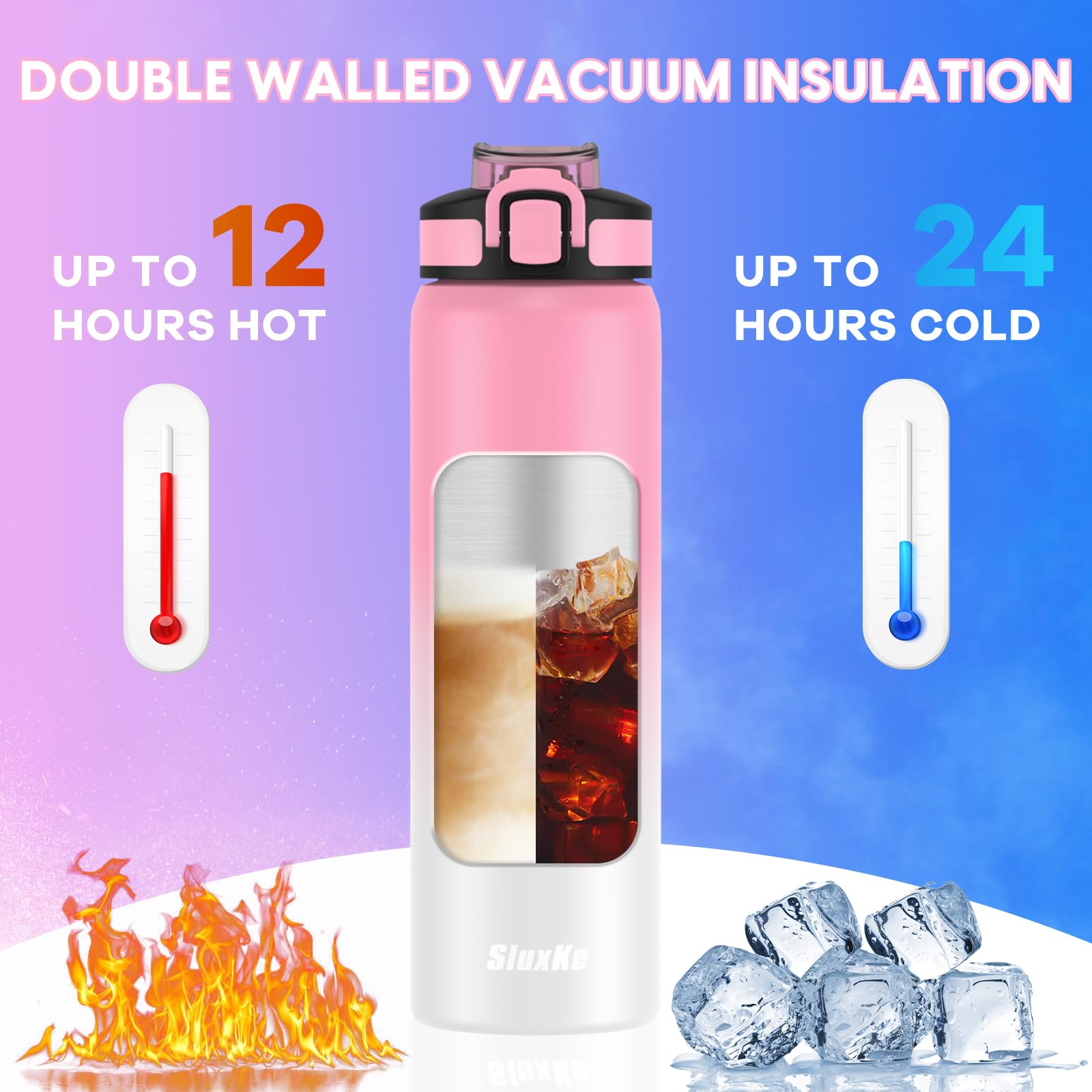 SLUXKE 18/8 Stainless Steel Water Bottle with Straw, 24oz Insulated Vacuum Drinking Bottle BPA Free, Perfect for Hot or Cold Drinks, 24oz LeakProof Insulated Water Jug for Camping, Gym, Work