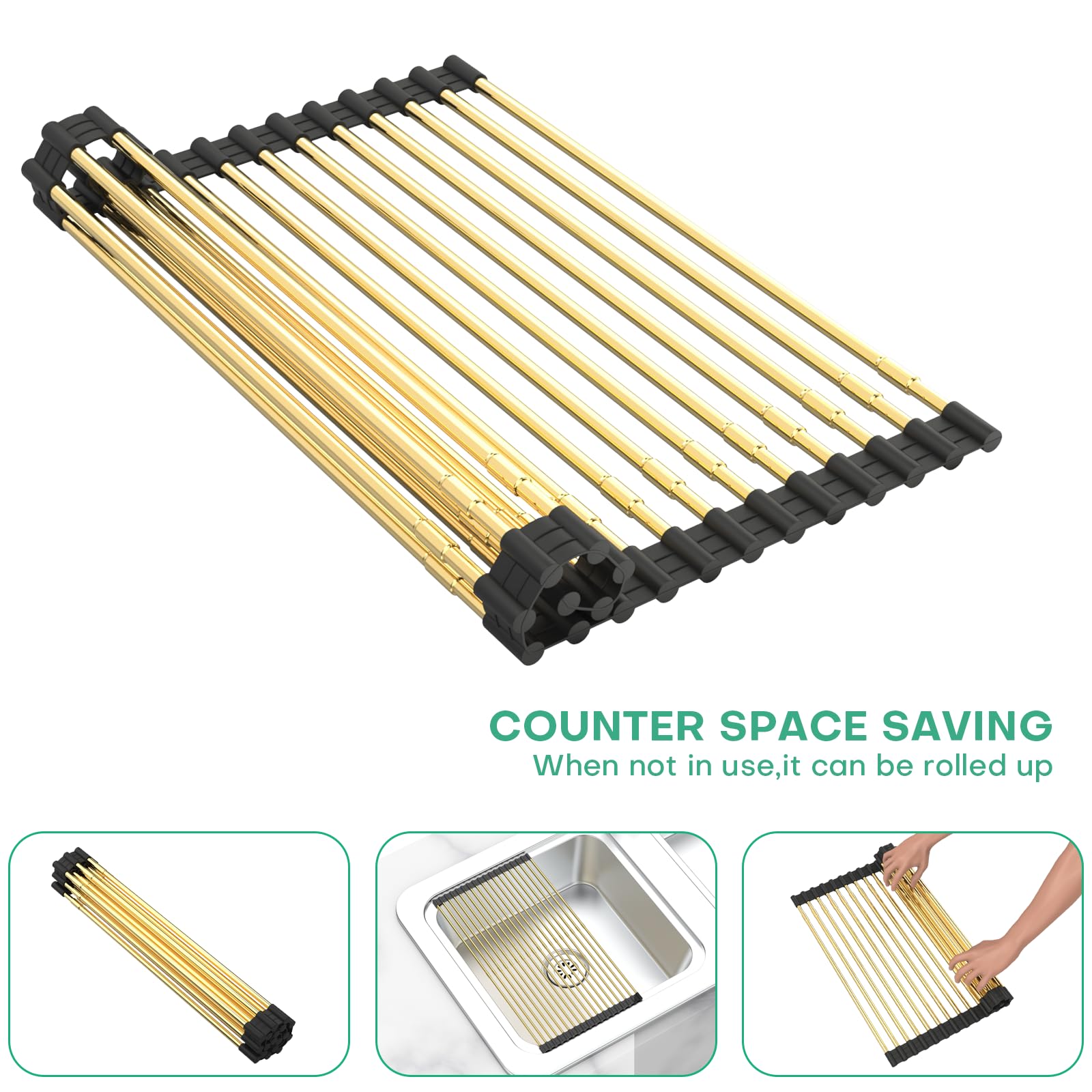 ARAINY Large Telescopic Draining Rack, Roll Up Heat-Resistant Dish Drainer for Stainless Steel Sinks, Non-Slip Silicone Rolling Dish Drainer Roll Rack Gold 18 tube12.59-21.25x12.79''