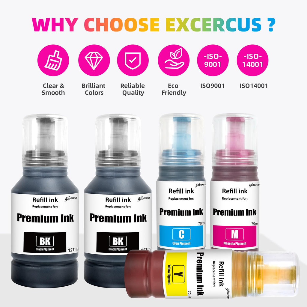 EXCERCUS Ink Bottle Replacement Refill Ink Compatible for ET-2760 ET-2750 ET-2700 ET-4760 ET-3700 ET-3760 ET-4750 ST-3710 ST-3000 ST-4000 (B/C/M/Y, 5-Pack)
