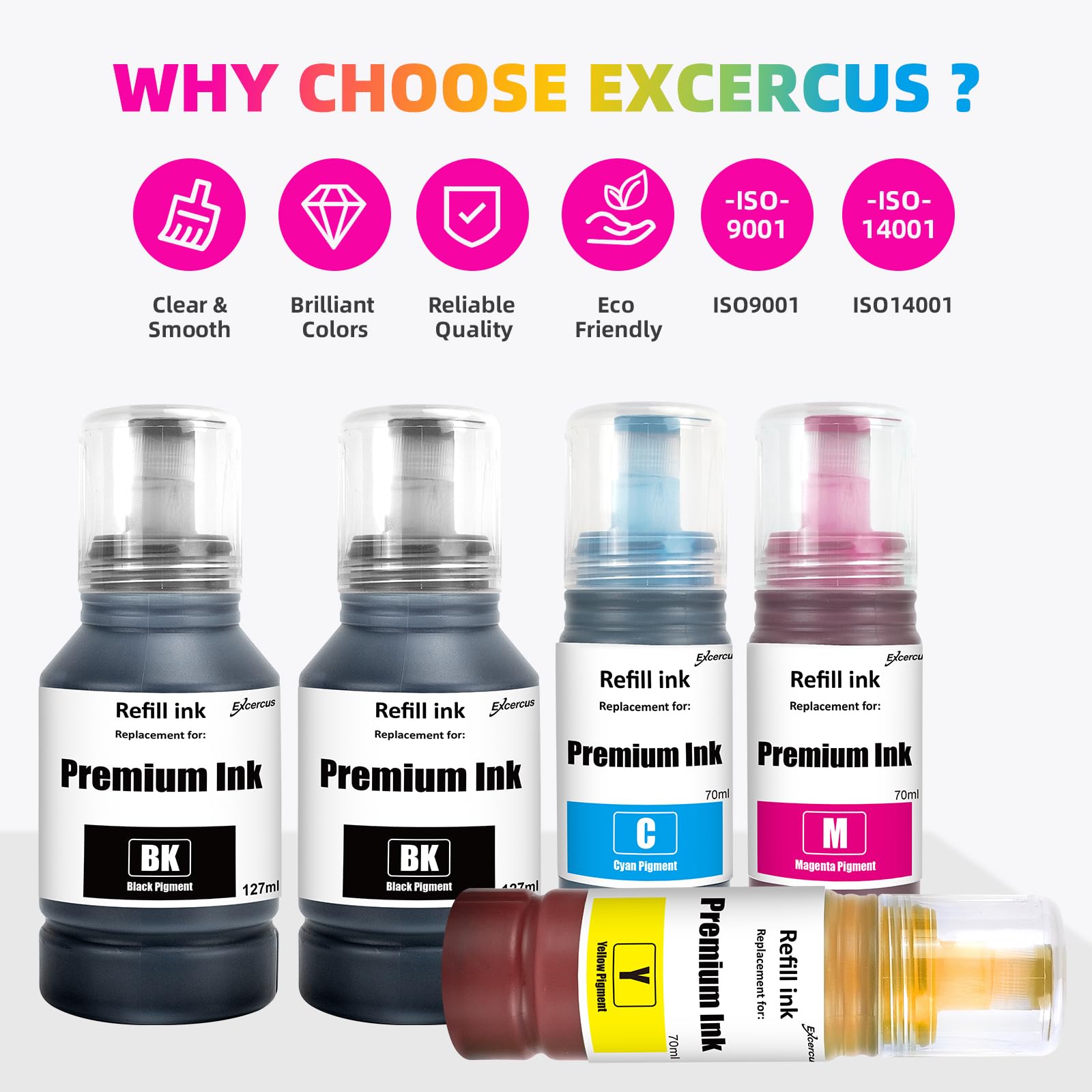 EXCERCUS Ink Bottle Replacement Refill Ink Compatible for ET-2760 ET-2750 ET-2700 ET-4760 ET-3700 ET-3760 ET-4750 ST-3710 ST-3000 ST-4000 (B/C/M/Y, 5-Pack)