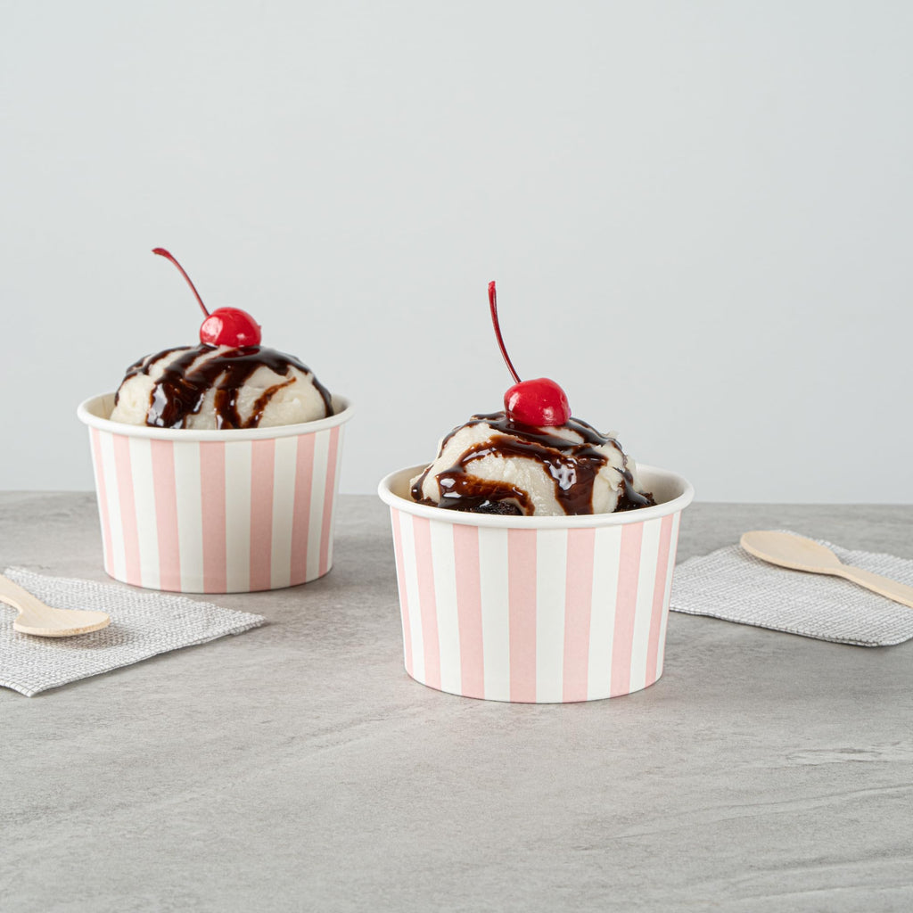 Coppetta 5-Ounce Dessert Cups, 50 Disposable Ice Cream Cups - Lids Sold Separately, Striped, Pink and White Paper FroYo Bowls, for Hot and Cold Foods, Perfect for Gelato Or Mousse - Restaurantware
