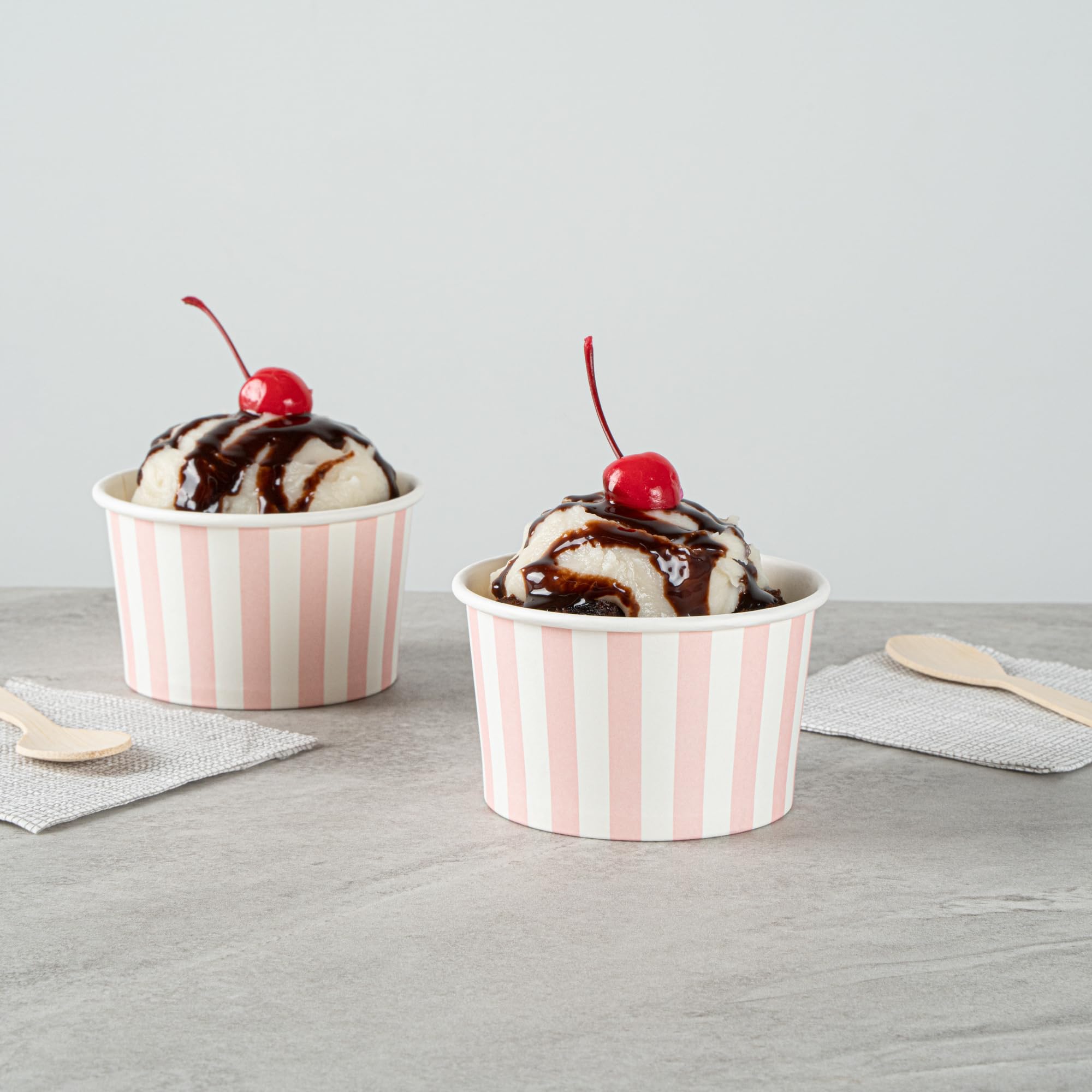 Coppetta 5-Ounce Dessert Cups, 50 Disposable Ice Cream Cups - Lids Sold Separately, Striped, Pink and White Paper FroYo Bowls, for Hot and Cold Foods, Perfect for Gelato Or Mousse - Restaurantware