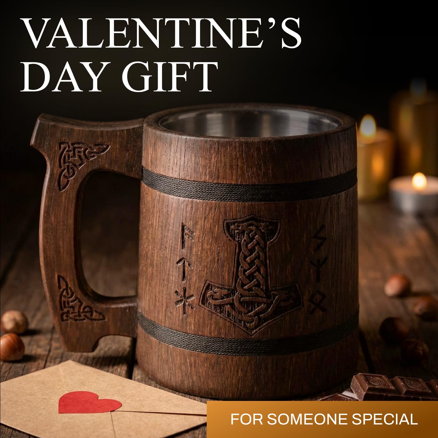 TESLYAR Beer Mug 600 ML - 20 OZ - Viking Mug - Tankard Mug - Beer Stein - Wooden Beer Mug - Handmade Gifts for Men | Fathers Day | Christmas | Birthday Gifts | Celtic Men Mugs - Thors Hammer