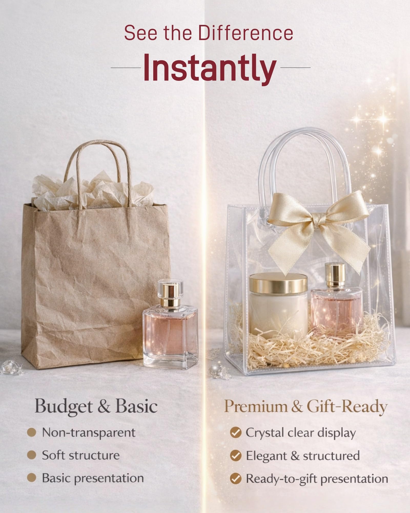 VAGREEZ Clear Gift Bags with Handle and Ribbon 25 Pack | Reusable, Transparent, Assorted Sizes, Bulk Loot Bags | Ideal for Party, Wedding, Birthday, Christmas and Small Business | 7.9"X3.15"X7.9", Small-Size