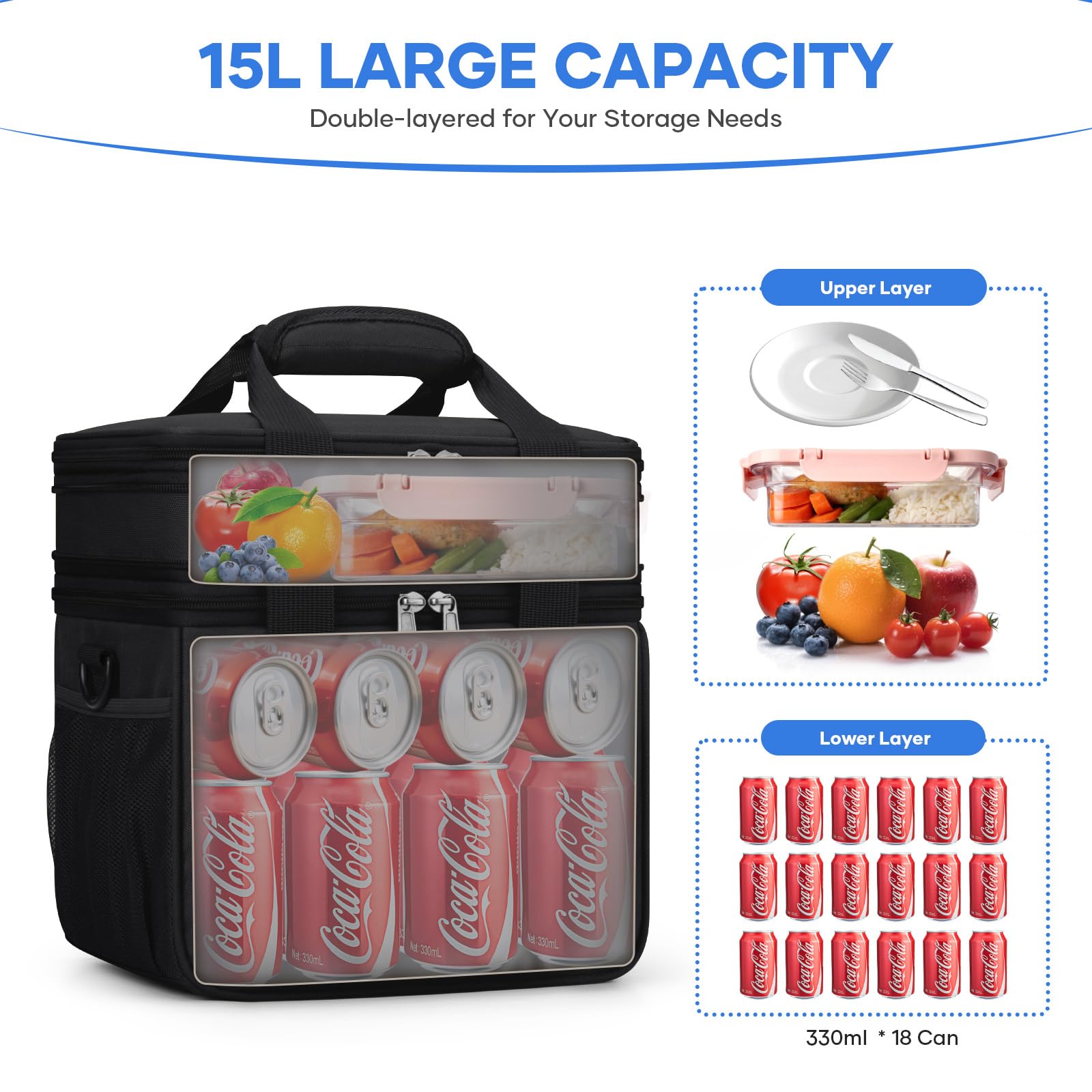 RealCool Lunch Bag, 15L Insulated Lunch Box for Men Women, Double Deck Leakproof Soft Cooler Bag with Adjustable Strap, Reusable Lunchbox for Work, Travel, Camping, Black