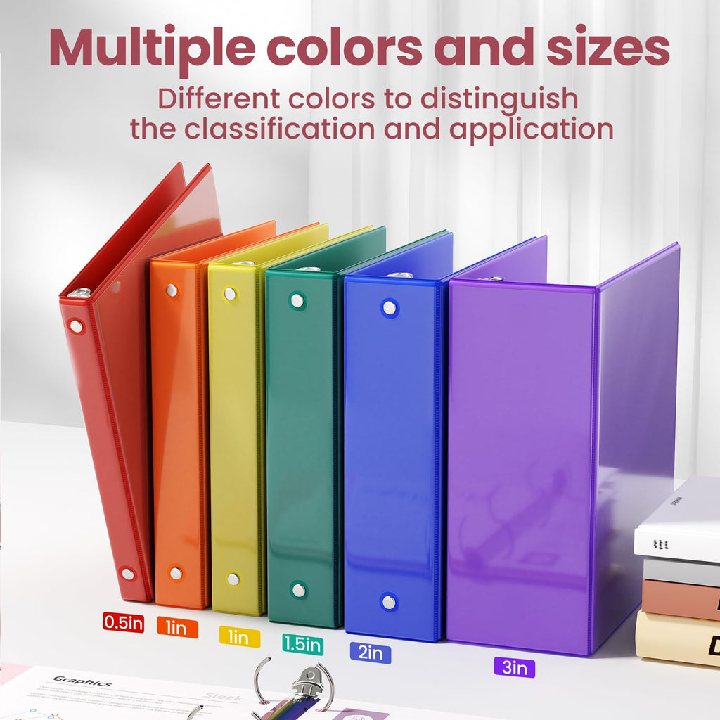 SUNEE 1/2 Inch Binders 3 Ring 6 Pack, 3 Ring Binders Half Inch Clear View PVC-Free (Fit 8.5x11 Inches) for School Binder or Office Binder Supplies, Classic 6 Colors