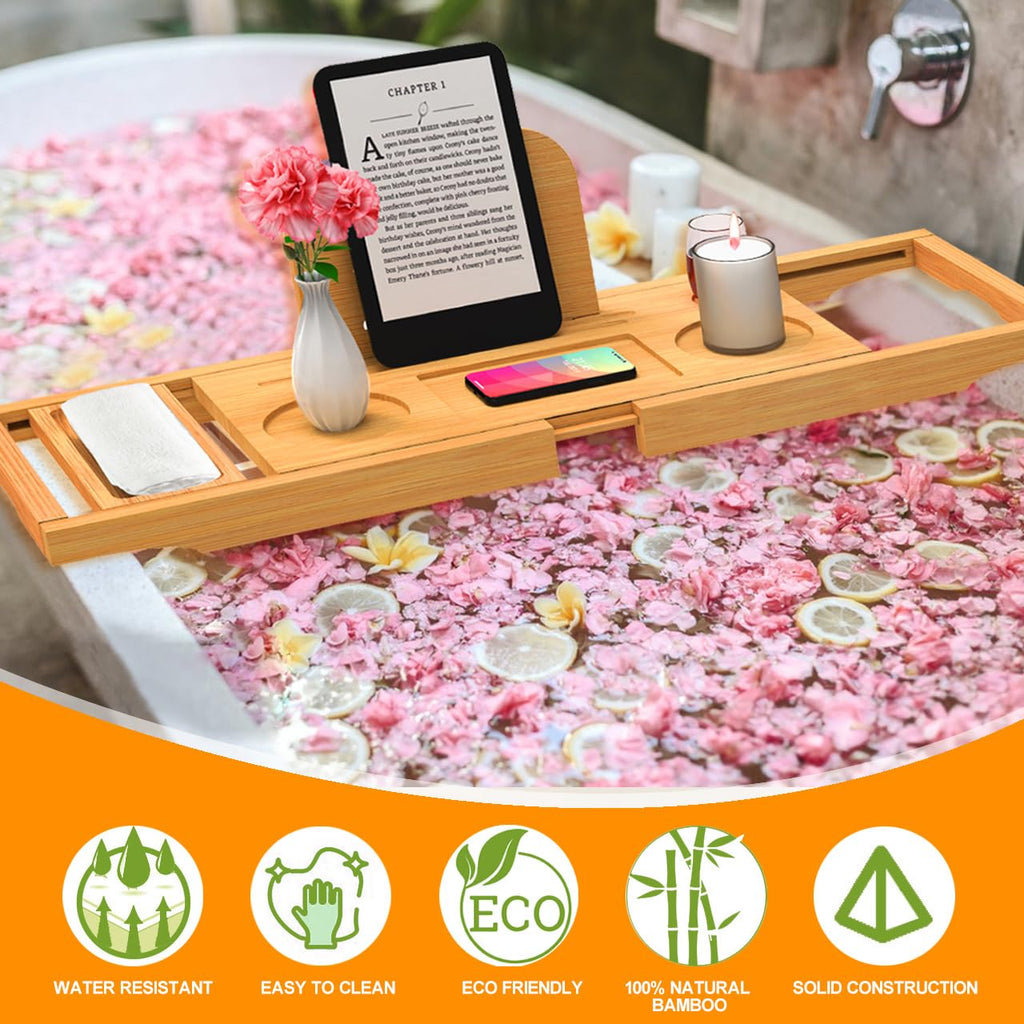 Premium Bamboo Bathtub Tray Caddy - Bath Tray Adjustable - Bathroom Trays for Bathtub,Expandable Size, Fits Most Bath Tubs