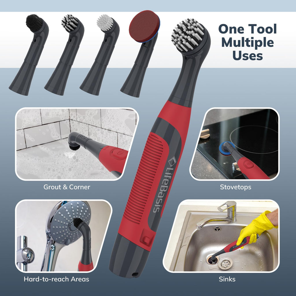 LifeBasis Power Scrubber, Cordless Electric Cleaning Brush Battery Powered Scrub Brush, Water Resistant Small Electric Grout Brush with 5 Brushes for Home/Kitchen/Bathroom/Grout/Tile/Shower/Tub, Red