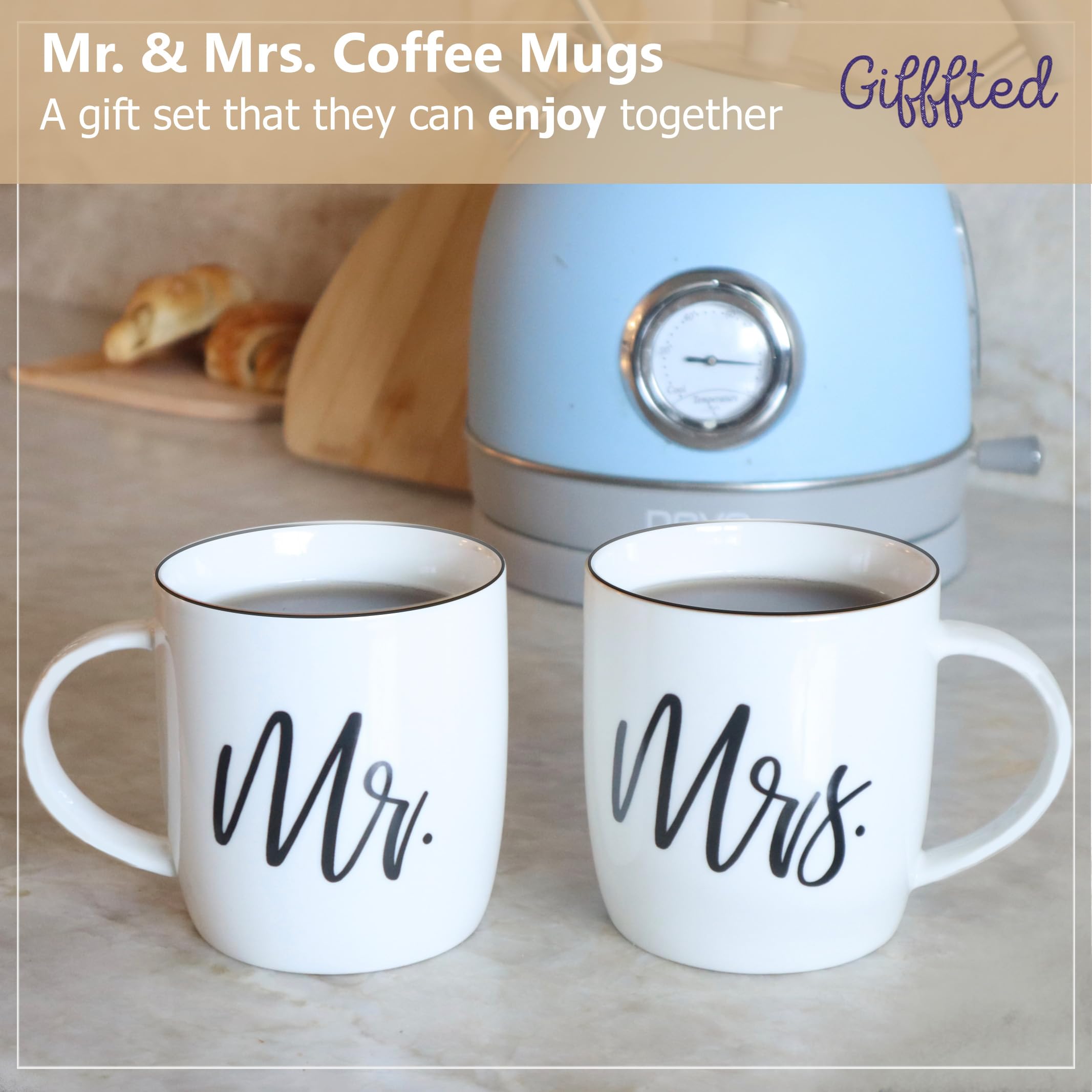 Triple Gifffted Mr and Mrs Coffee Mugs Couples Gifts Ideas for Christmas Wedding Anniversary Engagement Valentines His Hers Present,Husband Wife Him Her Men Women Bride Groom Newlyweds, Ceramic 380ml