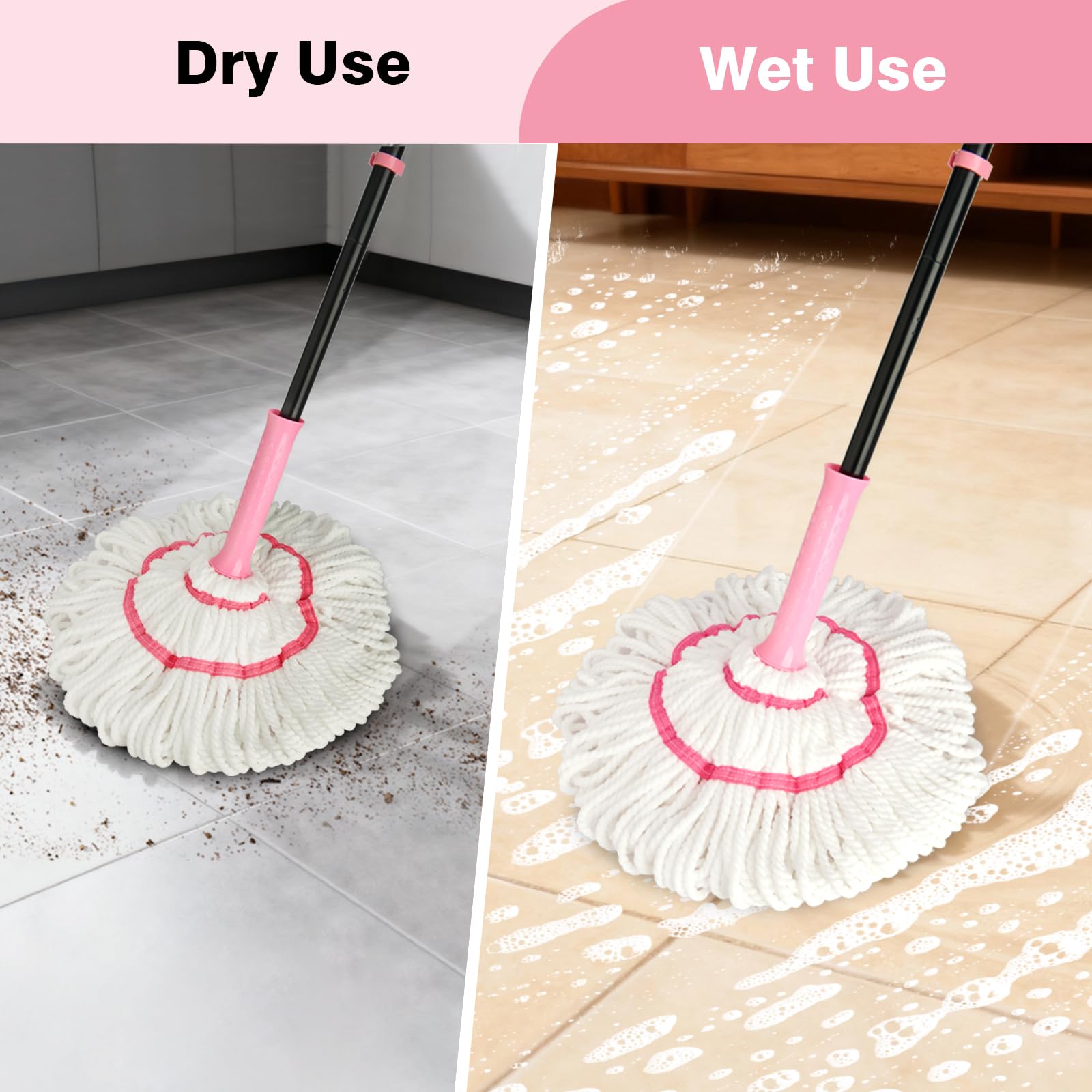 XXFLOWER Self-Wringing Mop, 57-inch, Heavy Duty Microfiber Mop for Floor Cleaning, Wet and Dry Use, Suitable for Hardwood Floors, Kitchens, Bathrooms, Tiles, Commercial and Home Cleaning (Pink)