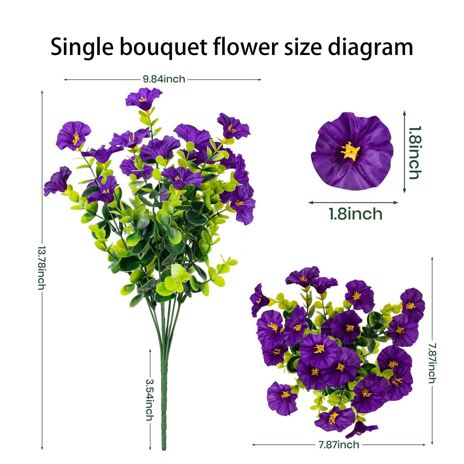Artificial Flowers for Outdoors16 Bundles of UV-Resistant Silk Morning Glory with Eucalyptus-Realistic Faux Plants as Perfect Filler for Home Planter Porch & Garden Decor (Purple)