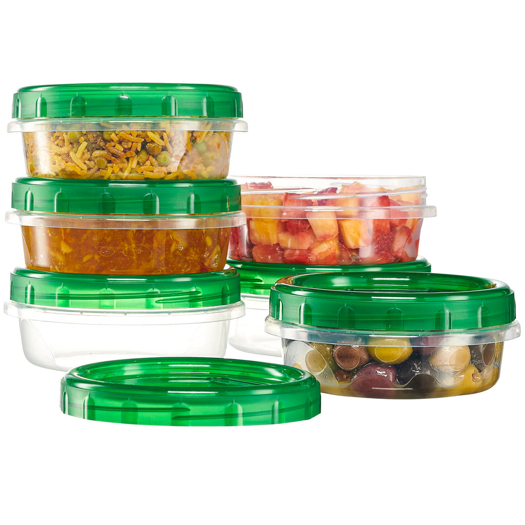PLASTICPRO 6 Pack Twist Cap Food Storage Containers with Green Screw on Lid- 8 oz Reusable Meal Prep Containers - Freezer and Microwave Safe Green Plastic Food Storage