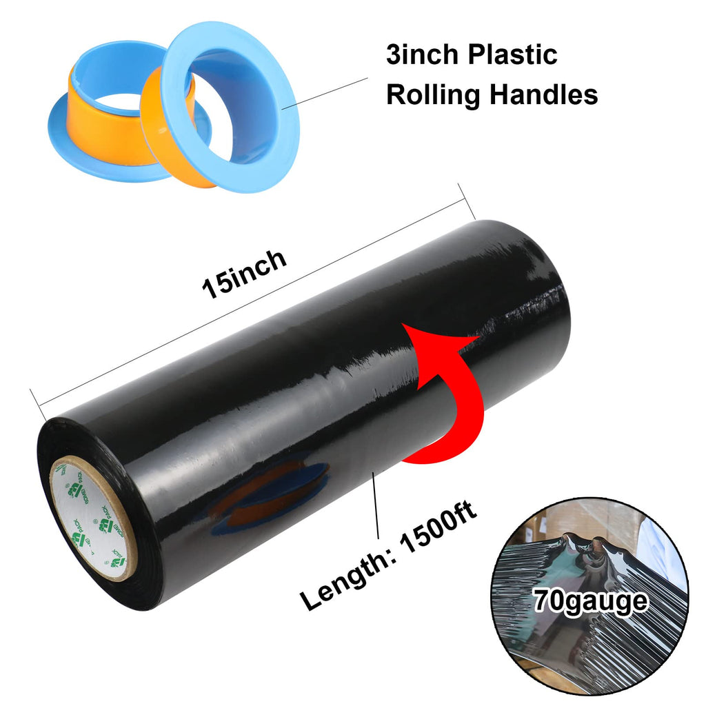 BOMEI PACK Black Stretch Wrap, Plastic Shrink Wrap Film Roll 15 in x 1500ft, 1 Pack with Rotatable Sleeve