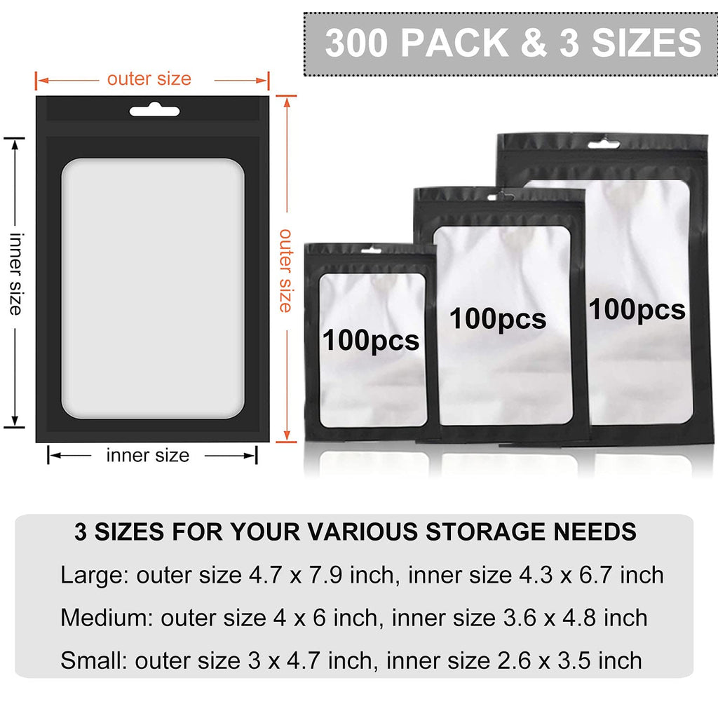 300 Pack 3 Sizes Resealable Mylar Bags Food Storage Smell Proof Bags with Front Window Packaging Pouch for Sample Snack Cookies Jewelry (Black, 3 x 4.7 inch,4 x 6 inch,4.7 x 7.9 inch)