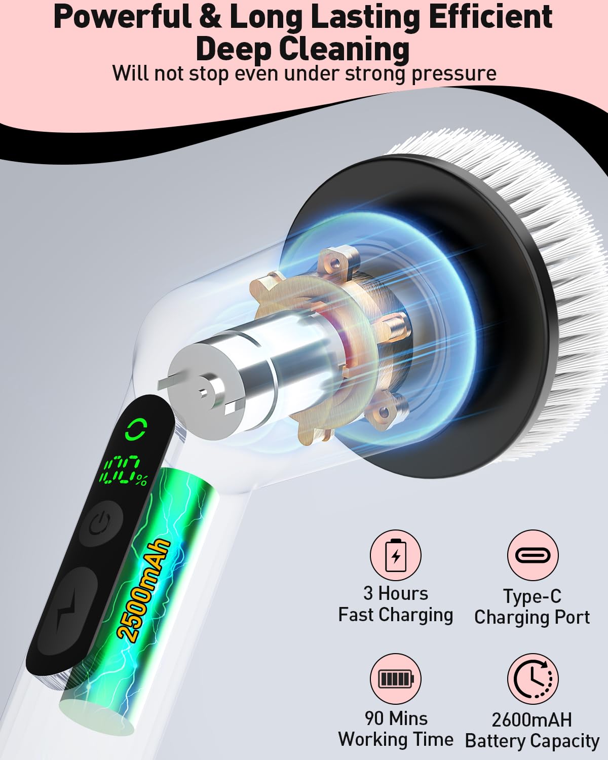 Electric Spin Scrubber for Cleaning Bathroom, Shower Scrubber Cordless Cleaning Brush with IPX7 Waterproof & 2 Speed, 3 Brush Heads, Bathroom Cleaning Supplies for Shower Tub Kitchen Toilet Pink