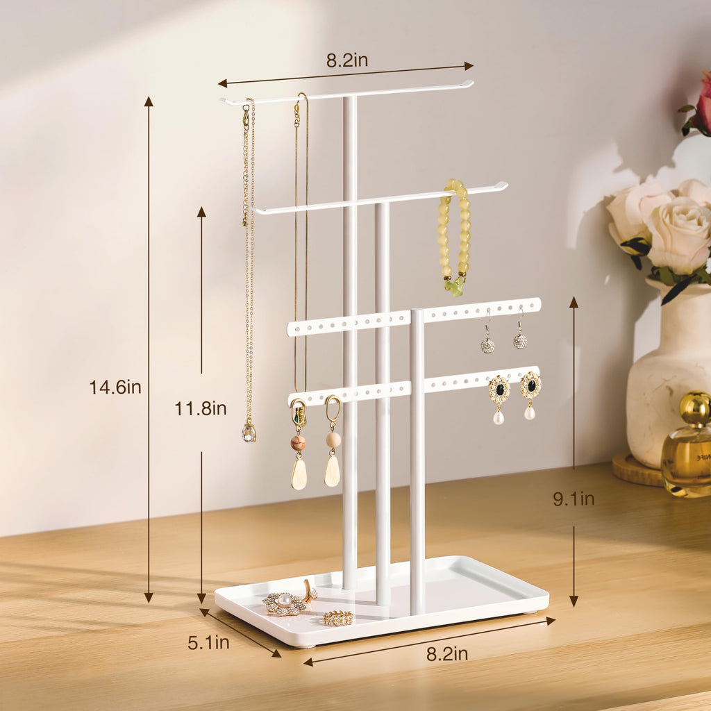 Jewelry Stand Organizer, 37CM Tall Sturdy Metal, 3-Tier Jewelry Holder for Necklace, Earring, Bracelet, Ring, White