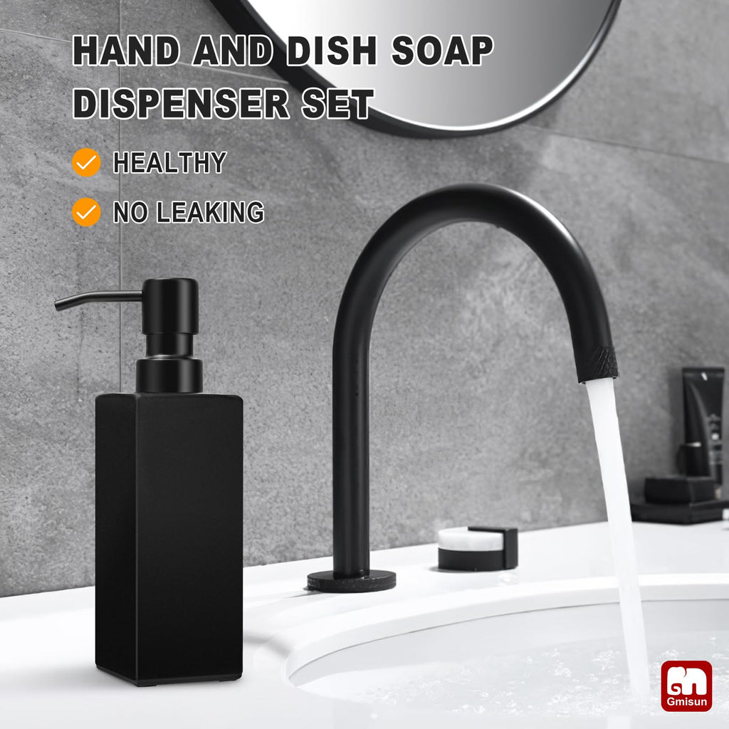 GMISUN Black Soap Dispenser, Hand Soap Dispensers Bathroom, 12oz Glass Soap Dispenser with Stainless Steel Pump, Dish Soap Dispenser for Kitchen, Bathroom/Kitchen Liquid Soap Dispenser Set, 2-Pack