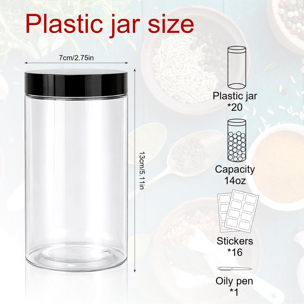 20 Pack Clear Plastic Jars with Black Lids, 14oz Wide Mouth Round Clear Stackable Cosmetic Container with Labels & Pen Empty Food Jars for Kitchen Storage Spices Beauty