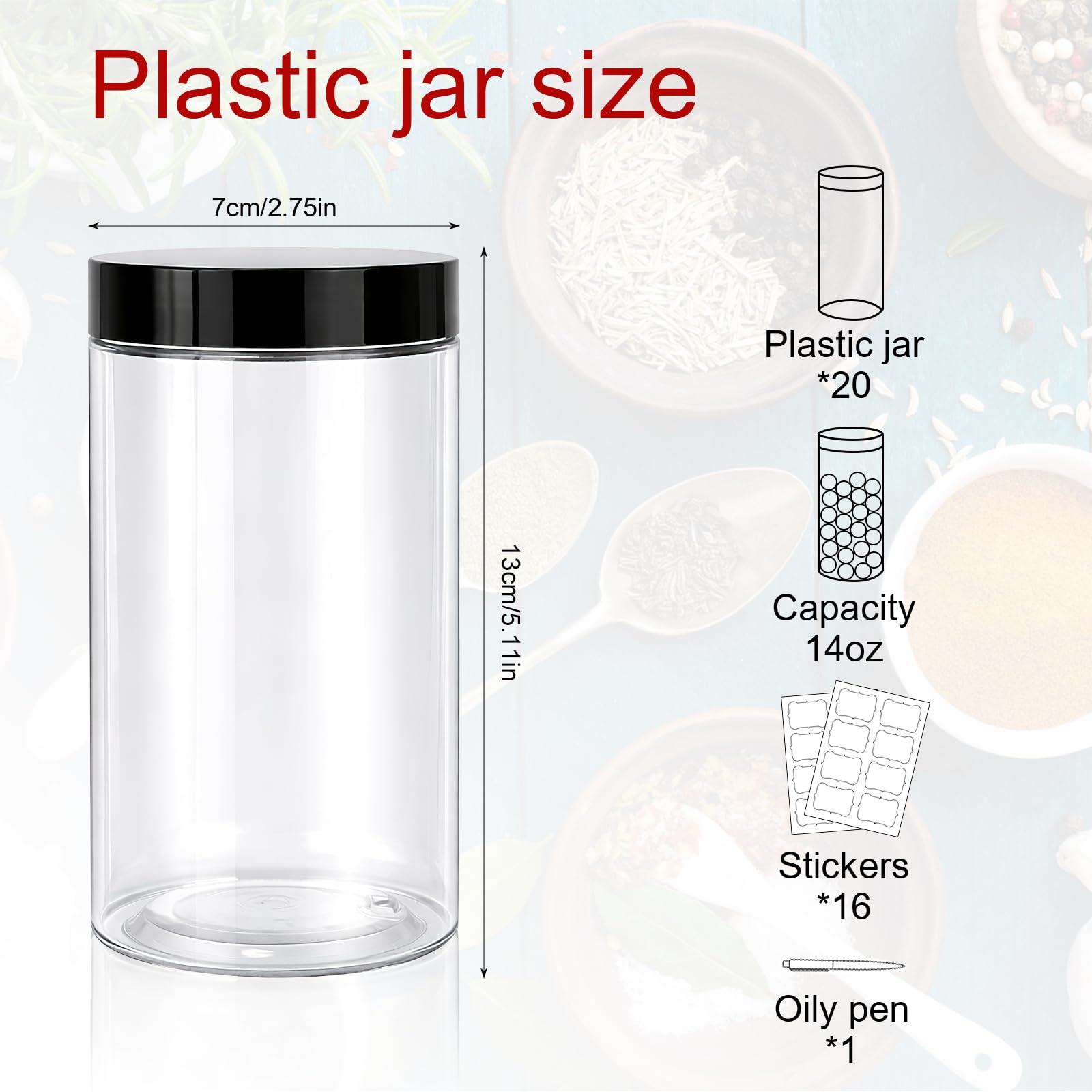 20 Pack Clear Plastic Jars with Black Lids, 14oz Wide Mouth Round Clear Stackable Cosmetic Container with Labels & Pen Empty Food Jars for Kitchen Storage Spices Beauty