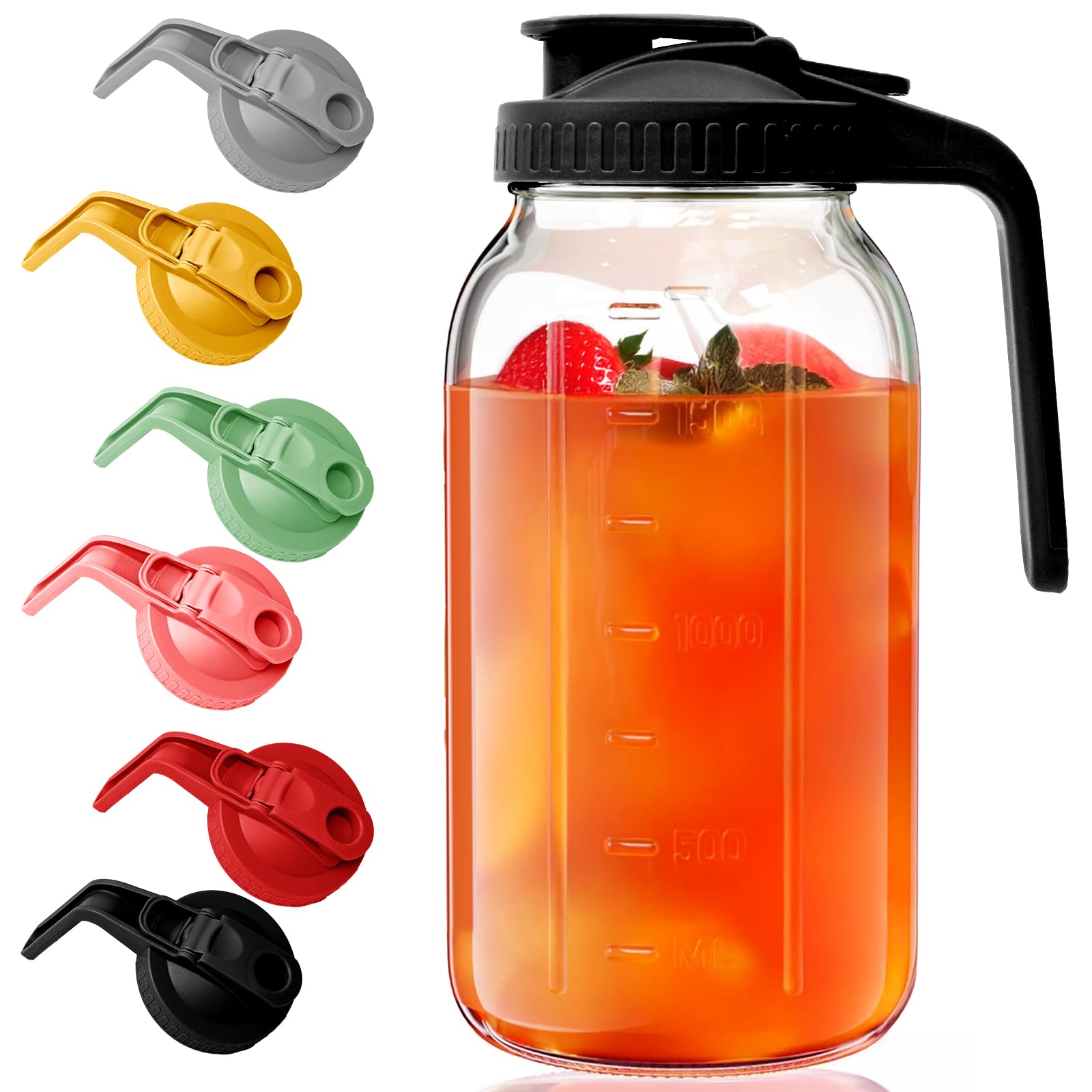 AsstarJTK Glass Mason Jar Pitcher - 64 oz/2 Quart Wide Mouth Jug with Lid and Pour Spout, Airtight Seal, Leak Proof Iced Tea Pitcher for Sun Tea, Juice, Breast Milk, Cold Beverages, Coffe