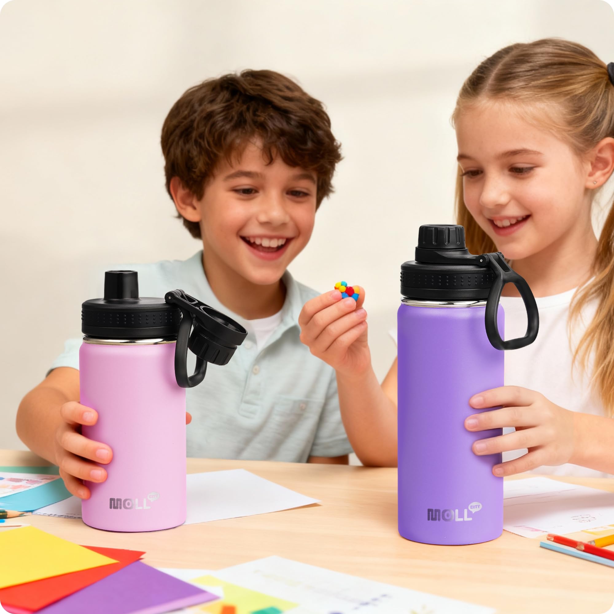 Mollcity 16 oz Water Bottle for School Kids Stainless Steel Double Wall Vacuum Insulated Sports Water Bottle Leak Proof-Reusable Metal Flask with Silicone Boot for Travel, BPA-Free(Purple)