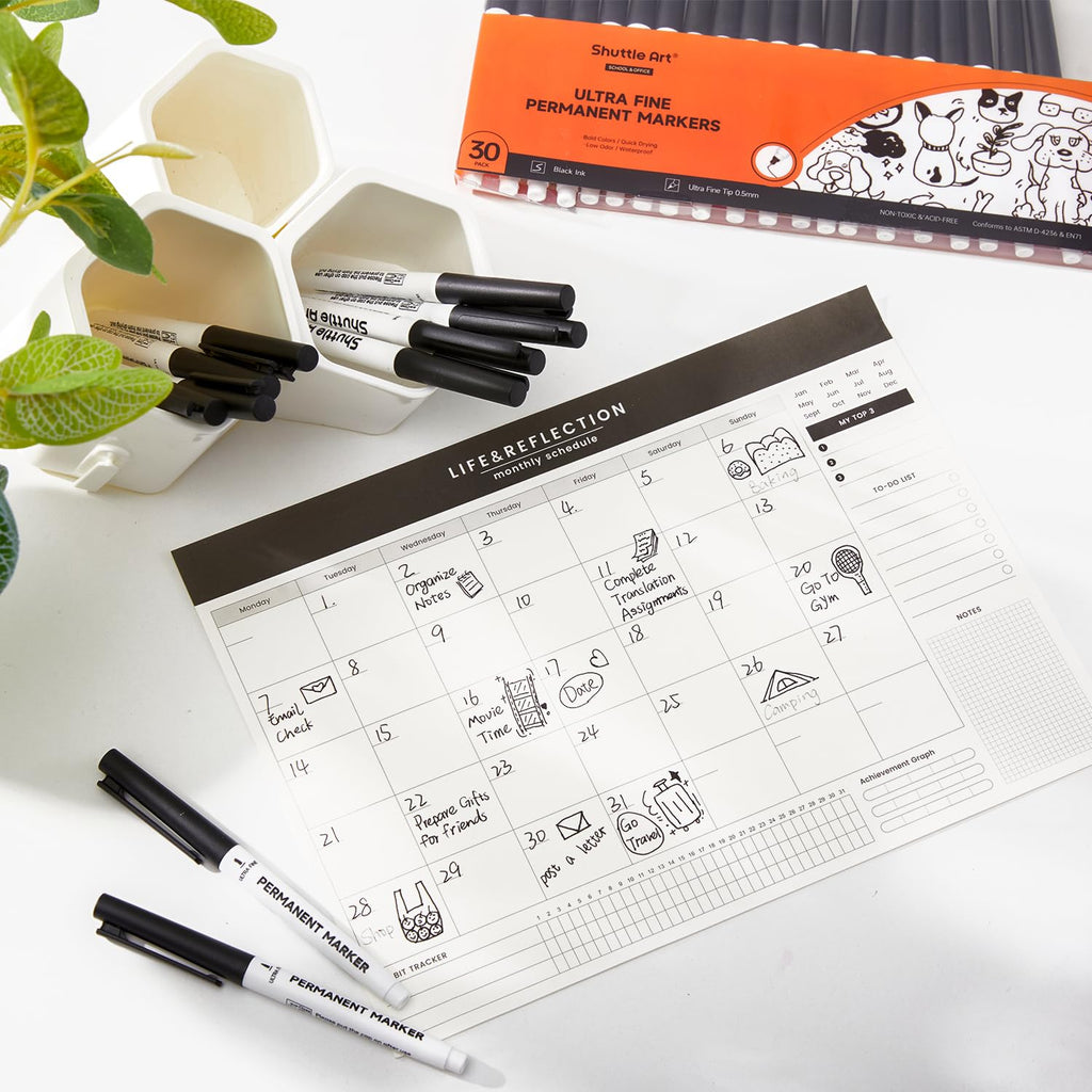 Shuttle Art Permanent Marker, 30 Pack Ultra Fine Point Black Permanent Marker set, Works on Plastic,Wood,Stone,Metal and Glass for Doodling, Marking