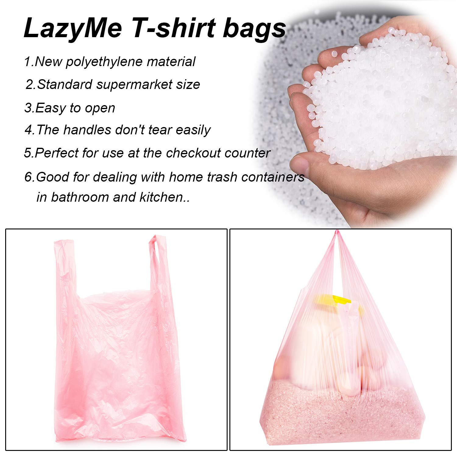 T Shirt Bags, Pink Plastic Bags with Handles for Grocery and Retail, Bolsas De Plastico Para Negocio, 12x20 Inches (200 pcs)
