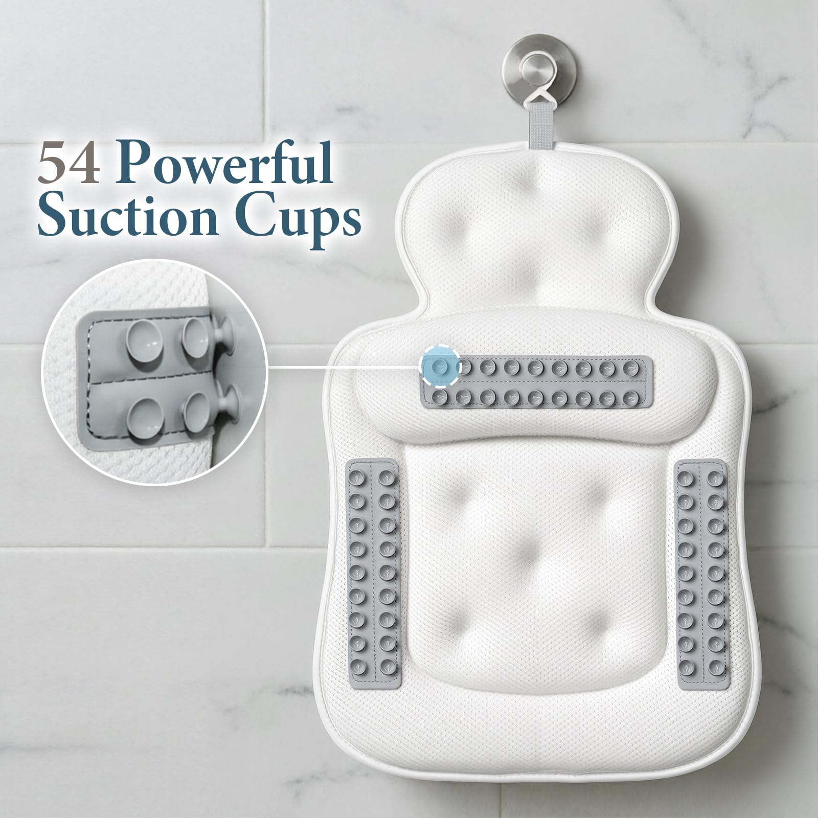 Bath Pillows for Tub, Comfortable Bathtub Cushion for Head and Neck with Soft 3D Mesh Fabric and 54 Non-Slip Suction Cups, Relaxing Tub and Shower Accessories Spa Gift White Standard