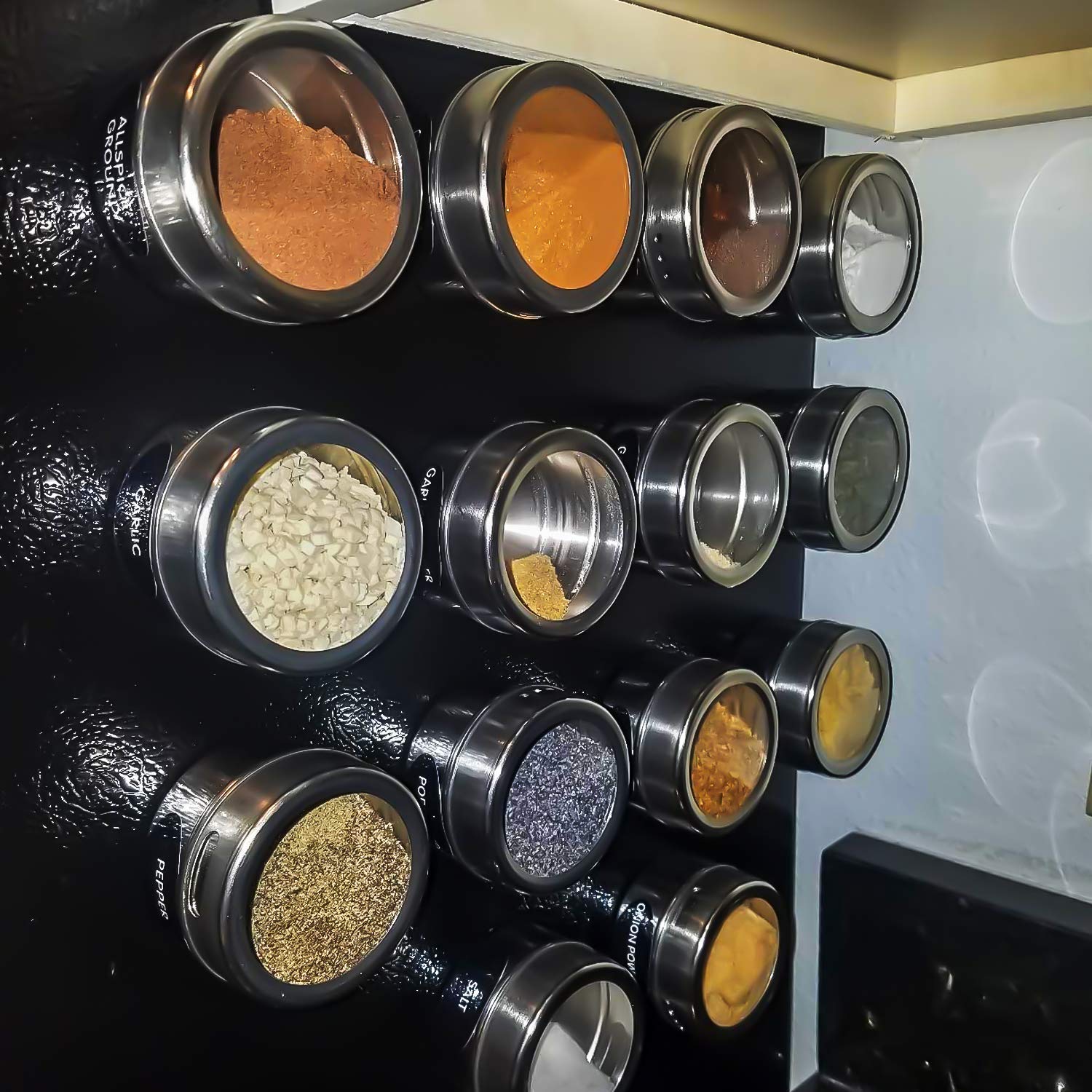 18 Pack Magnetic Spice Jars,Stainless Steel Storage Spice containers Include Labels and Pen,Clear Top Lid with Sift or Pour,Magnetic on Refrigerator and Grill-Easy to Install