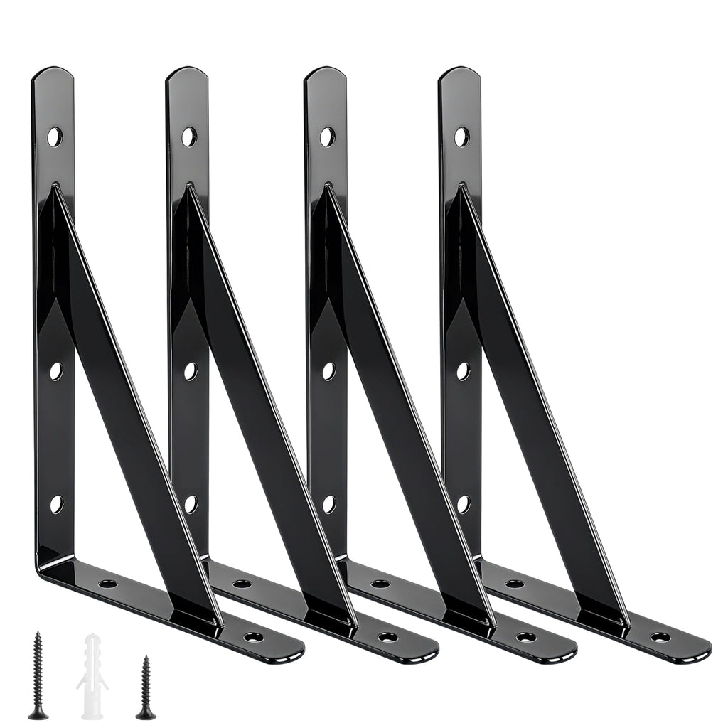 OVOV Heavy Duty Shelf Brackets Triangle Shelving Brackets Right Angle Wall Mounted Shelf Supporters Black 12 Inch Set of 4