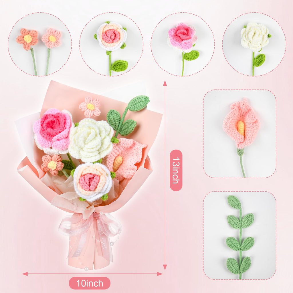 MengxFly Crochet Flower Bouquet Pink, Handmade Crochet Flowers Bouquet, Knitted Floral Gift for Her, Mothers Day Birthday for Women Wife Mom Girlfriend with Gift Box Bag and Card