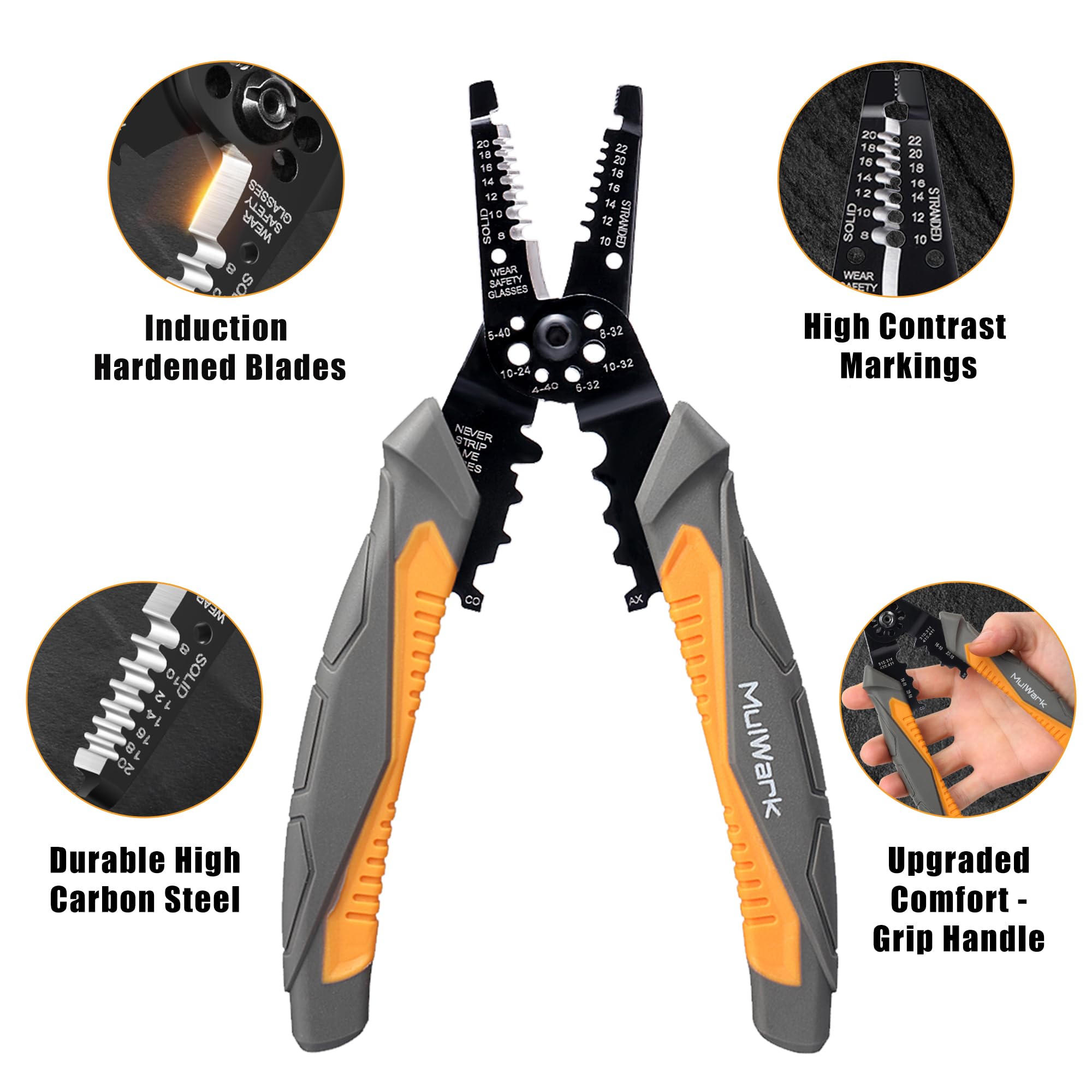 MulWark Upgraded 8" Heavy Duty Multi-Purpose Electrical Wire Stripping Tool (22 AWG - 8 AWG) Strippers, Snips, Crimpers & Pliers Insulated with Cutter, Best Tool for Professional Electrician