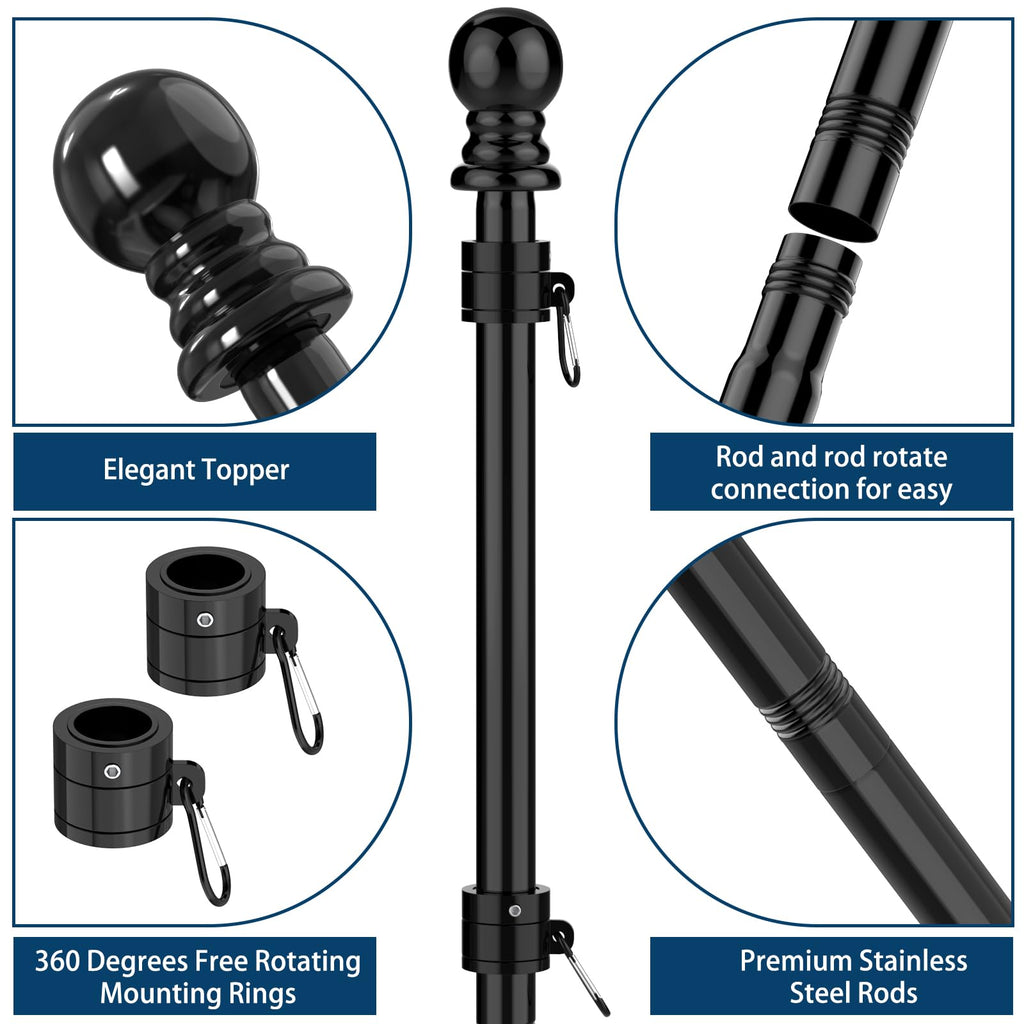 Hanotic Flag Pole Kit, 6FT Flag Poles Outdoor with Upgraded Bracket, Adjustable Length, 360° Tangle Stainless Steel, Residential or Commercial, for Garden, Yard, Patio (Without Flag, Black)