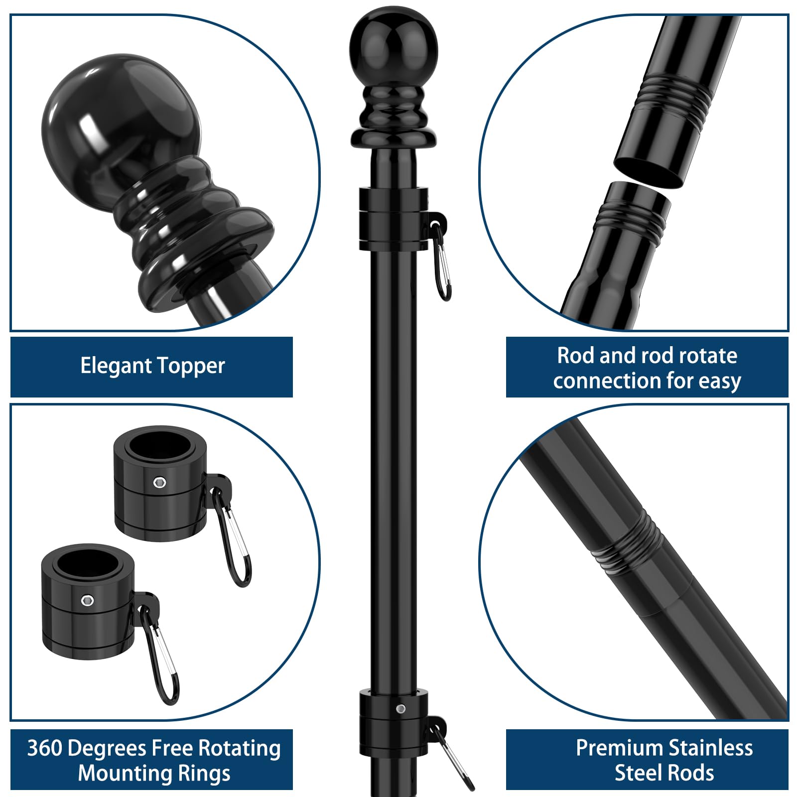 Hanotic Flag Pole Kit, 6FT Flag Poles Outdoor with Upgraded Bracket, Adjustable Length, 360° Tangle Stainless Steel, Residential or Commercial, for Garden, Yard, Patio (Without Flag, Black)