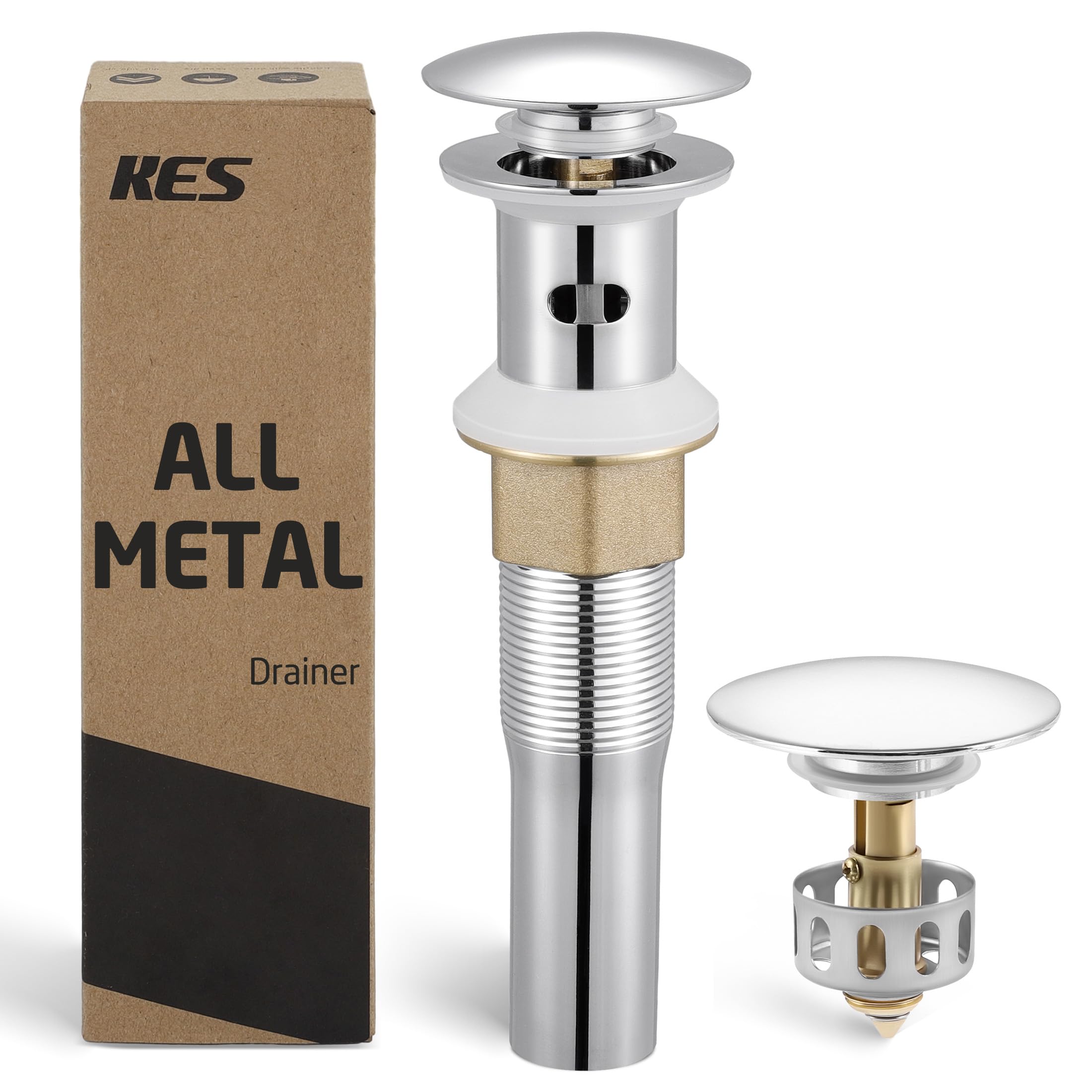 KES Bathroom Sink Drain with Strainer Basket Hair Catcher Anti Clog Pop Up Drain Stopper Vanity Vessel Sink with Overflow, Polished Chrome S2013A-CH