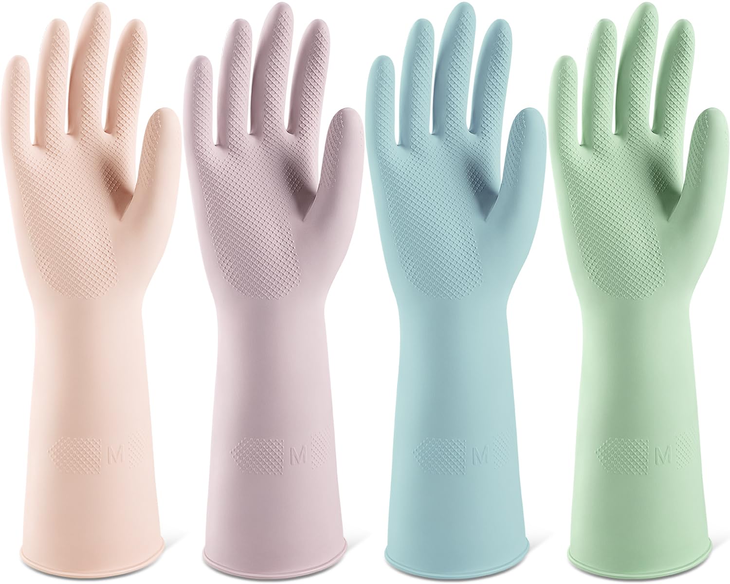 ThxToms 4 Pairs Reusable Rubber Gloves, 13" Natural Latex, 10mil Thick Heavy Duty Dishwashing & Cleaning Gloves, Non-Slip Grip, Multi-Color, Ideal for Kitchen, Bathroom, Car, & Garden Cleaning, Large