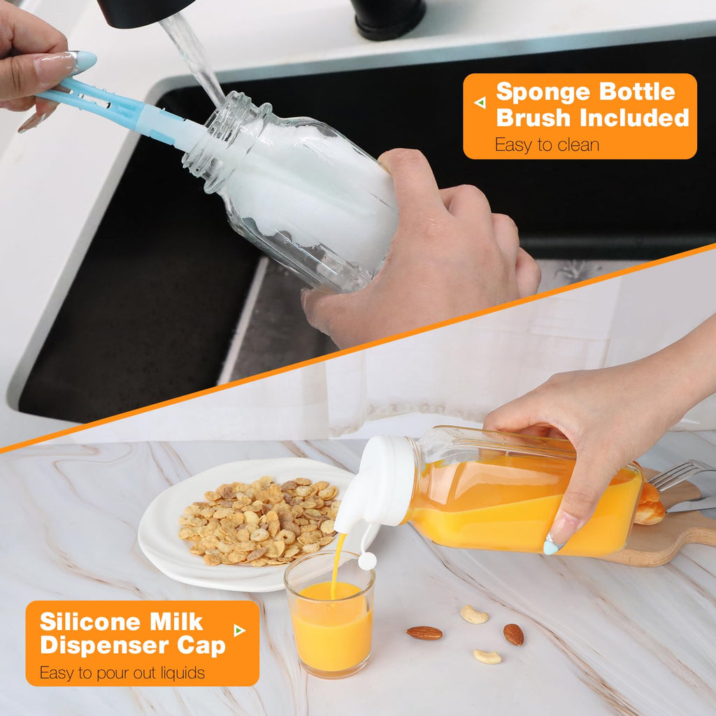 HINGWAH 4 Pack 16 OZ Glass Milk Bottles with Lids & Scale & Silicone Pour Spout, Reusable Square Water Bottles for Juice, Milk, Smoothies