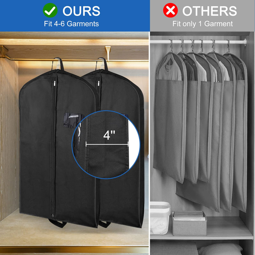 Garment Bags for Travel 43" 2 Pack, Hoprfire Suit Garment Covers with 4" Gussetes for Closet Storage for Men Breathable Foldable Hanging Bags Waterproof for Suit, Clothes, Custom, Tuxedo, Shirts, Coat