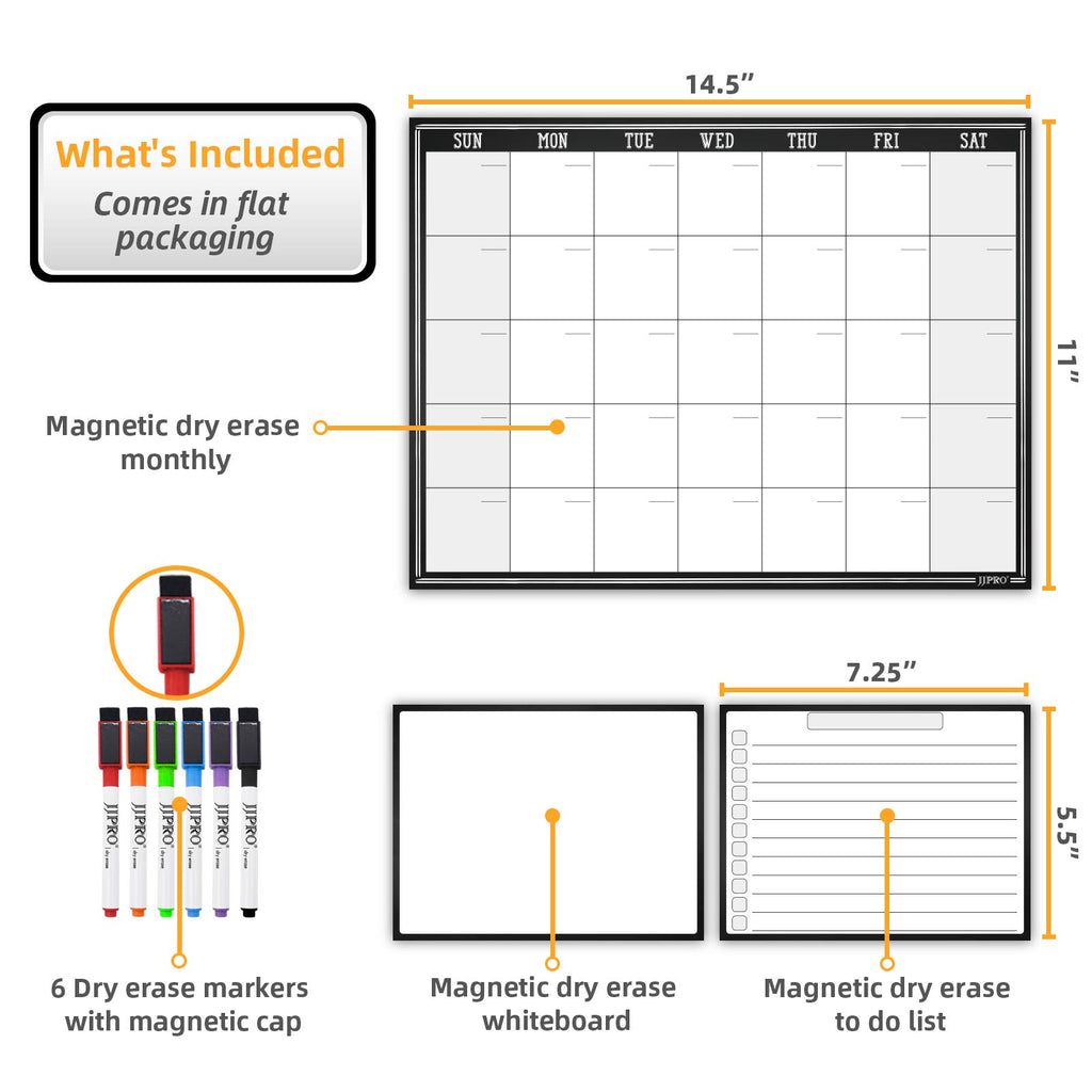 JJPRO Magnetic Dry Erase Monthly Calendar Whiteboard for Refrigerator-One Monthly Planner Whiteboard and Two Notes Boards Set for Fridge-Refrigerator Organizer with Monthly Planning Board
