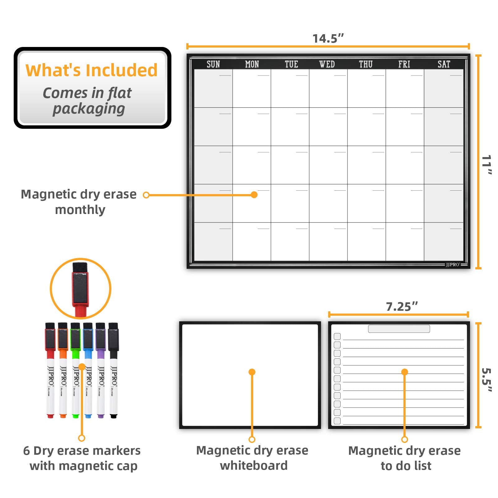 JJPRO Magnetic Dry Erase Monthly Calendar Whiteboard for Refrigerator-One Monthly Planner Whiteboard and Two Notes Boards Set for Fridge-Refrigerator Organizer with Monthly Planning Board