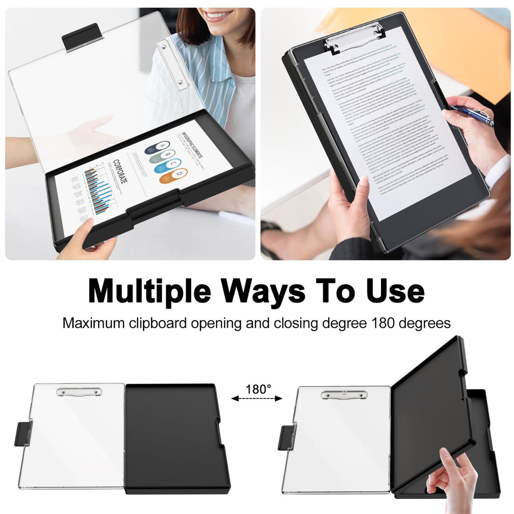 Clipboard with Storage, 8.5x11 Clip Boards with 2 Storage Case and A4 Paper Folder, Clear Dry Erase Top Panel, Heavy Duty Plastic, Folio & Side-Opening, for Nurses, Teacher, Lawers, Black