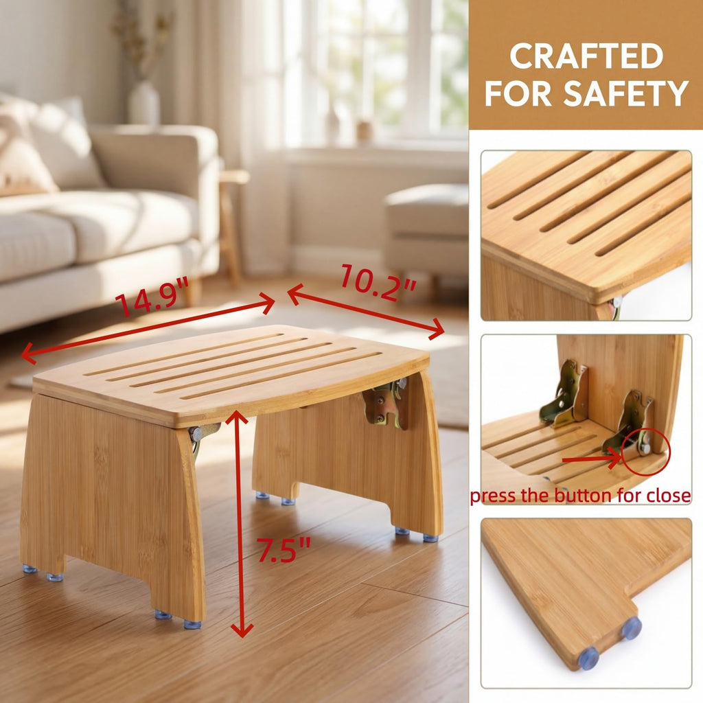 Lyellfe Bamboo Folding Step Stool, Non-Slip Leg Shaving Foot Rest Chair, Foldable One Step Stool for Home, Adults, Support up to 300lbs, Fully Assembled