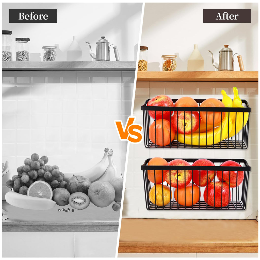 2 Pcs Fruit Basket Wire Baskets, Fruit and Veggie Storage Basket Holder for Kitchen Wall Mounted,Kitchen Organizers and Storage for Snack Onion Potato（Black）